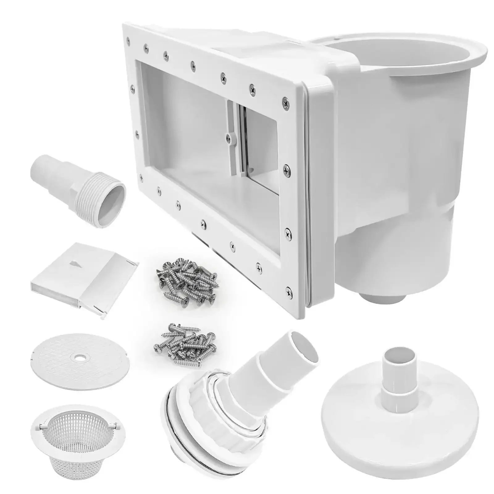 Above Ground Pool Skimmer Kit With Wide Mouth Thru-Wall Opening, Durable ABS One-Piece Skimmer, Rugged All Weather Construction, Outer 13 9 16 In By 7 9 16 In, Inner 11 15 16 In By 5 5 16 In, Will Not Warp In Extreme Heat Or Cold
