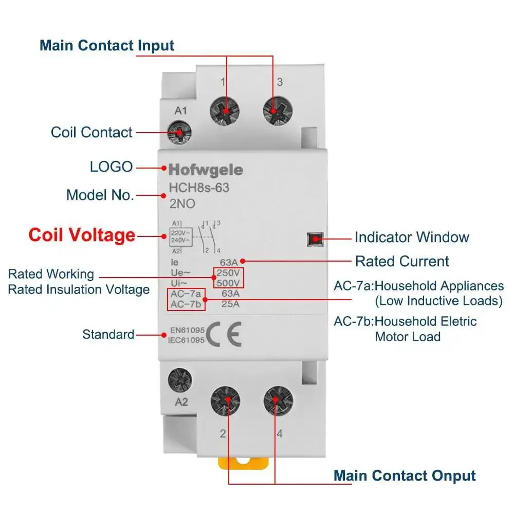 AC Contactor 63A 2 Pole Workhorse With Two Normally Open Contacts, 110V Coil, 35mm DIN Rail Mount, 500V Ui And 230V Ue, Industrial Electric Switch For Home Workshop And Equipment, Ideal For Motor Control And Pumps - Image 6