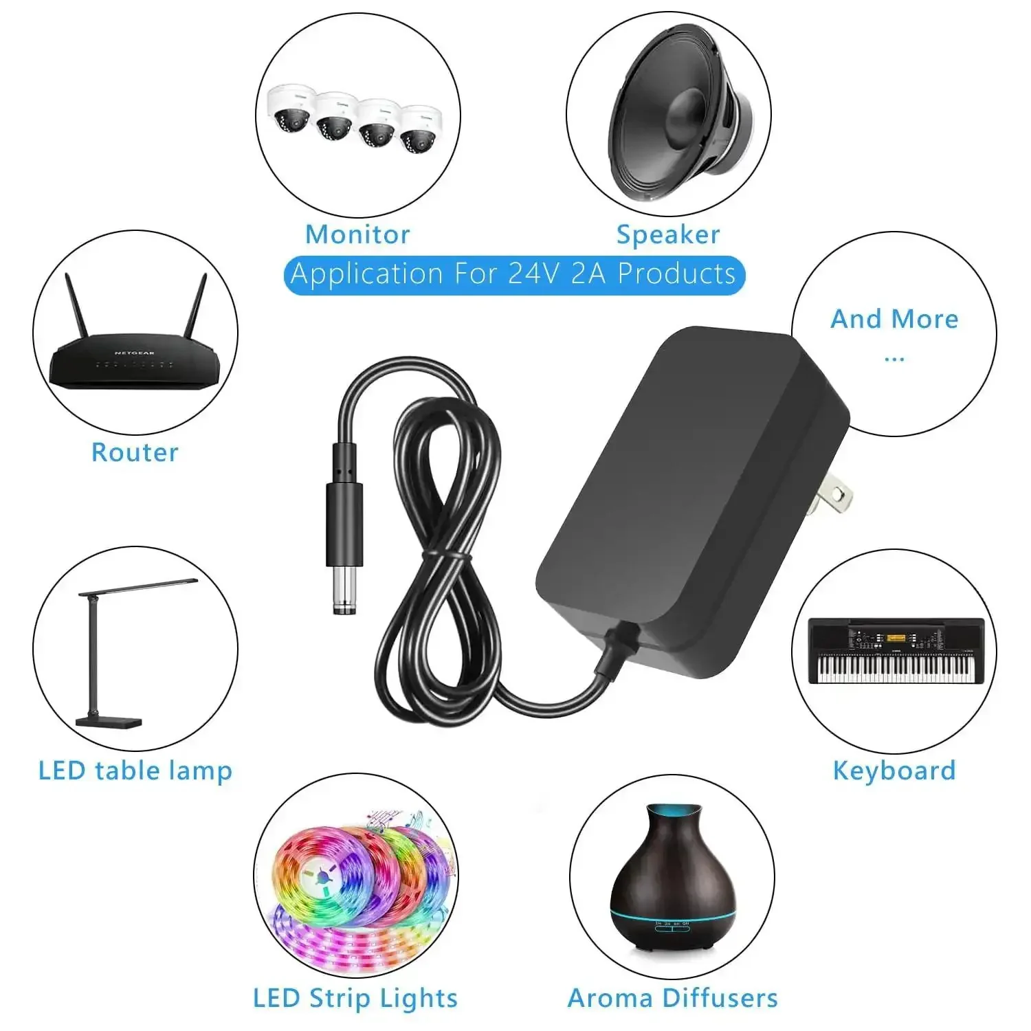 AC To DC 24V Power Supply Adapter For LED Strip Lights Surveillance Cameras CCTV External Hard Drives Monitors And More With Four Foot DC Cord And 2A Output - Image 4