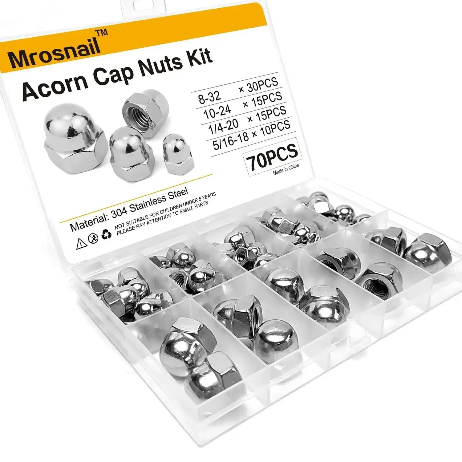 Acorn Nut Kit 70 Piece Stainless Steel Dome Head Hex Cap Nuts Set 8 32 10 24 1 4 20 5 16 18 for Indoor and Outdoor Use Great for DIY Projects and Heavy Duty Fastening