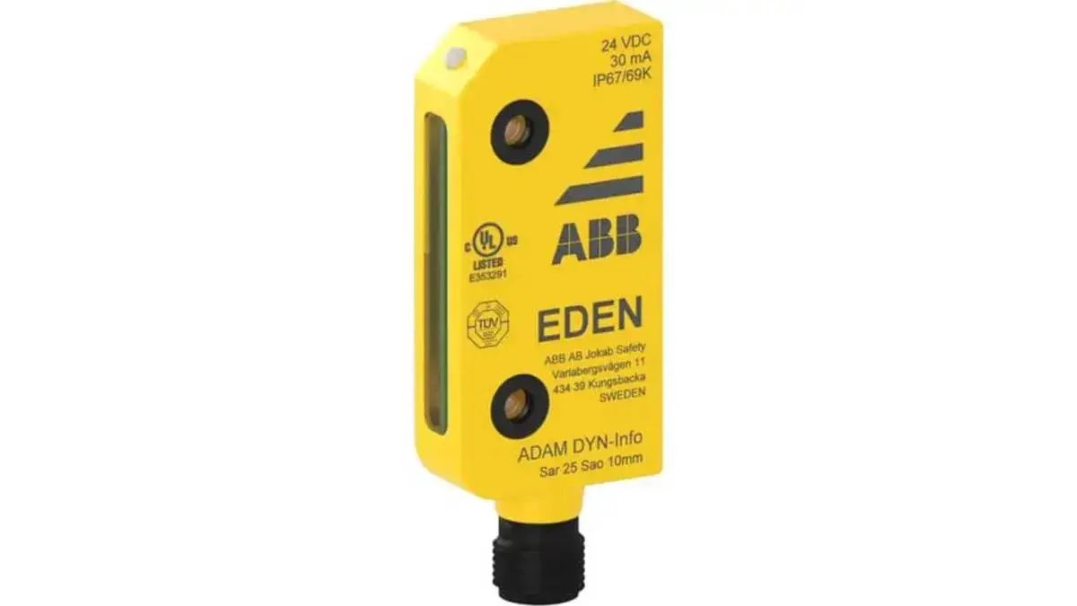 Adam DYN-Info M12-5 Safety Sensor Unit With DYNlink Output IP69K Rated Yellow M12-5 Male Connector Built For Tough Environments Easy Troubleshooting Local Reset PL e Compliant Includes 4 DA 1B And 4 DA 2B Plates