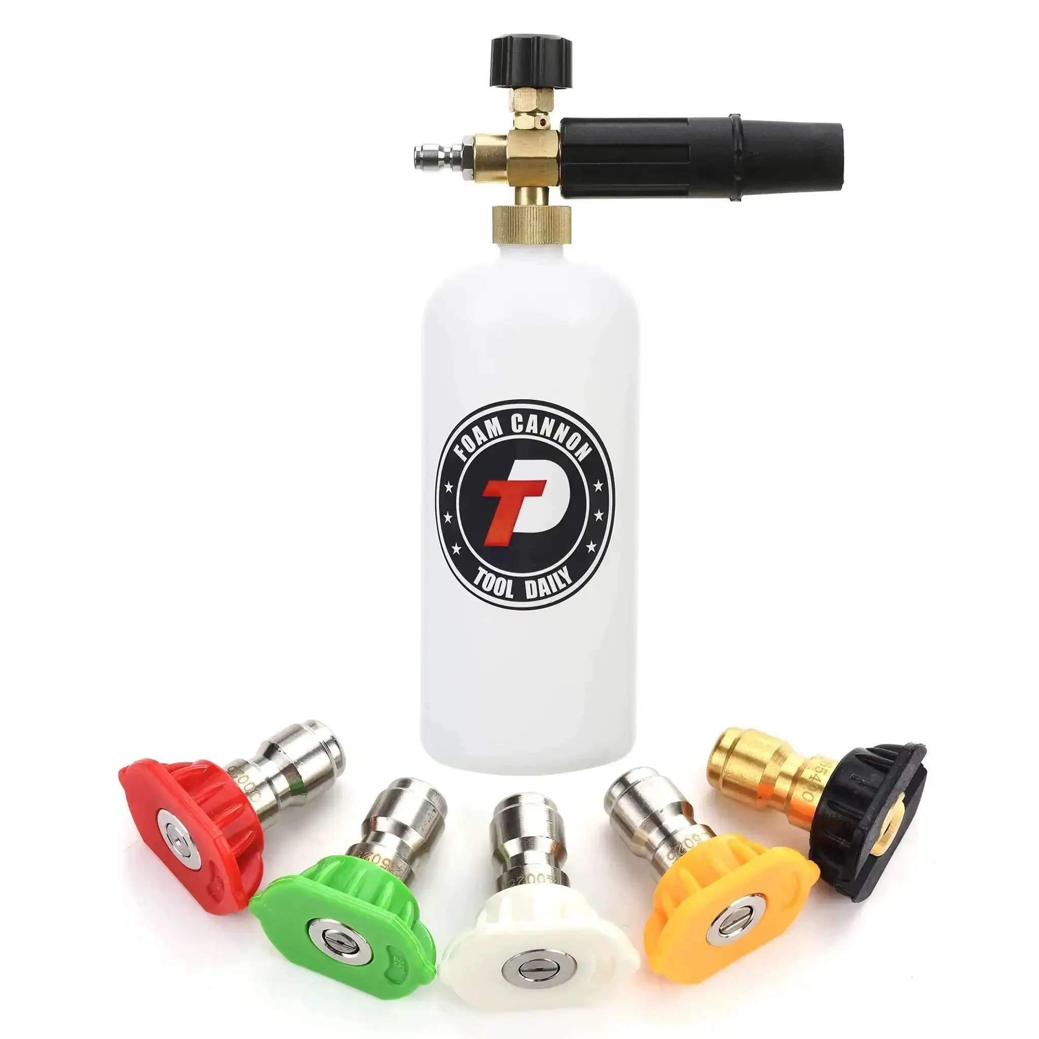 Adjustable Foam Cannon With One Quarter Inch Quick Connect, 1 Liter Capacity, Includes Five Pressure Washer Nozzle Tips, Ideal For Snow Foaming Cars And SUVs, Works With 1000 To 3000 PSI, Easy To Install And Refill