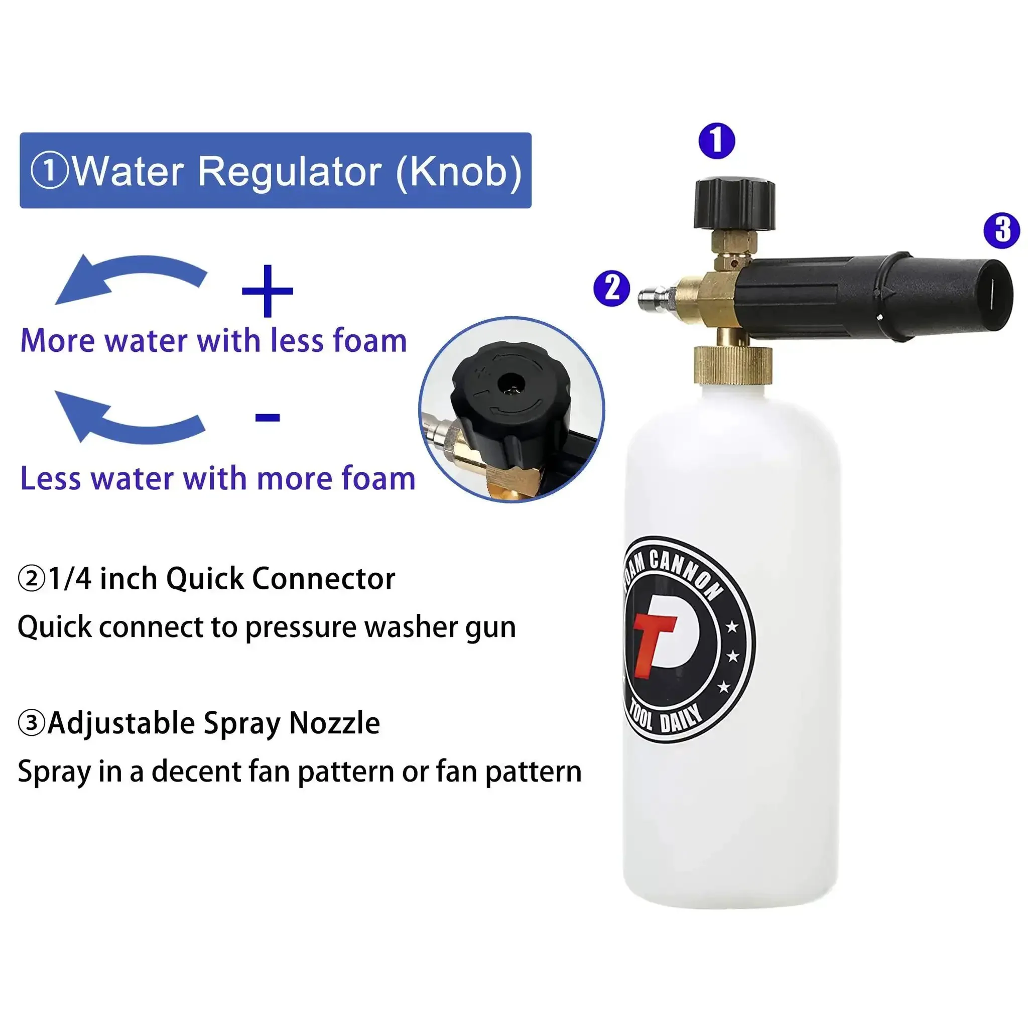 Adjustable Foam Cannon With One Quarter Inch Quick Connect, 1 Liter Capacity, Includes Five Pressure Washer Nozzle Tips, Ideal For Snow Foaming Cars And SUVs, Works With 1000 To 3000 PSI, Easy To Install And Refill - Image 7