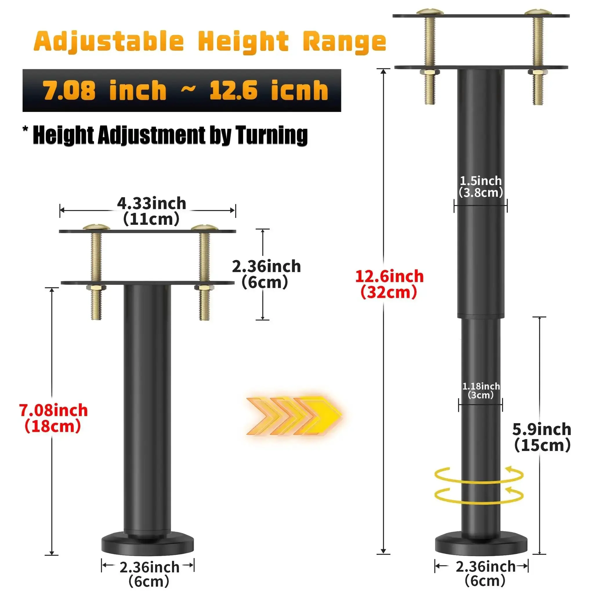 Adjustable Height Bed Support Legs 7.08 to 12.6 Inches With Swivel Base For Bed Frame Center Slats And Furniture Heavy Duty Metal Replacement Legs Ideal for Uneven Floors And Everyday Use - Image 7
