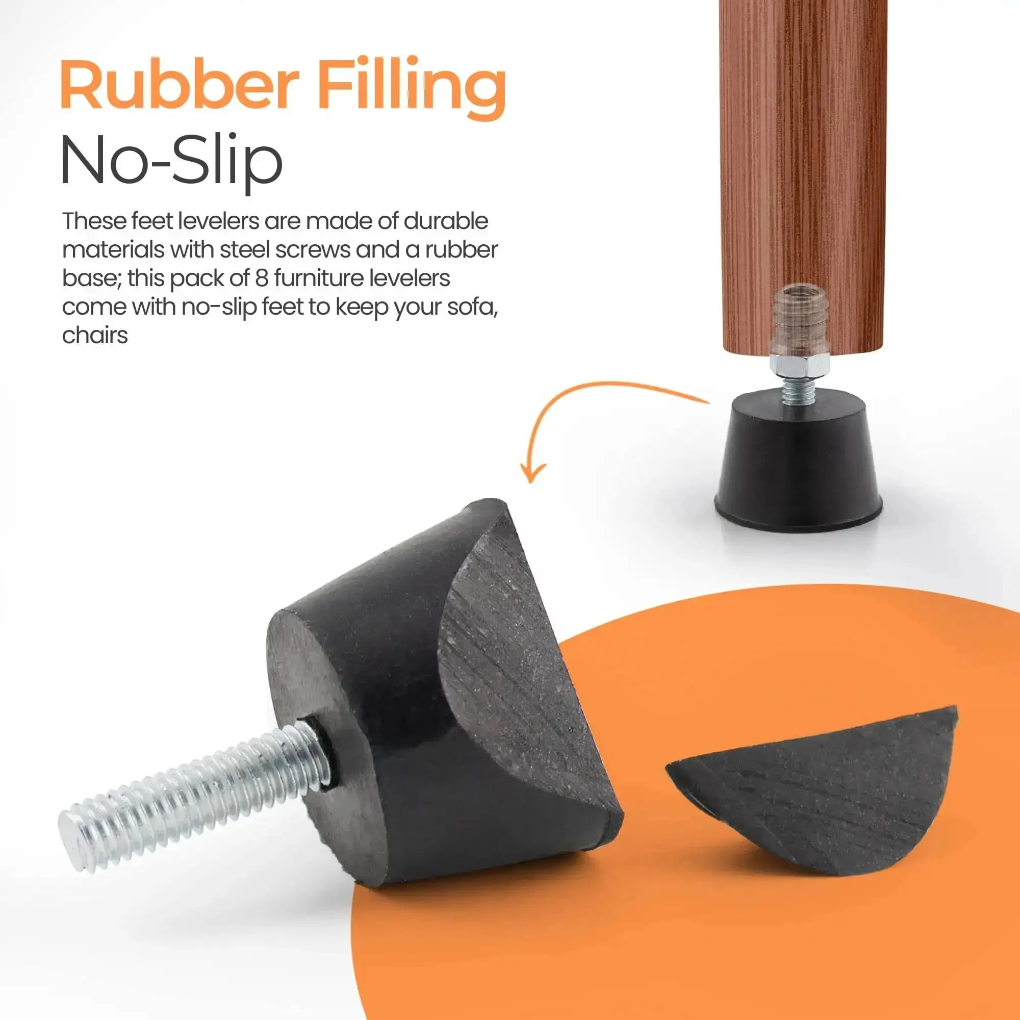 Adjustable One Quarter Inch Rubber Threaded Furniture Levelers Eight Pack Screw In Table Chair Feet Glides For Chairs Tables Cabinets And Patio Furniture - Image 5