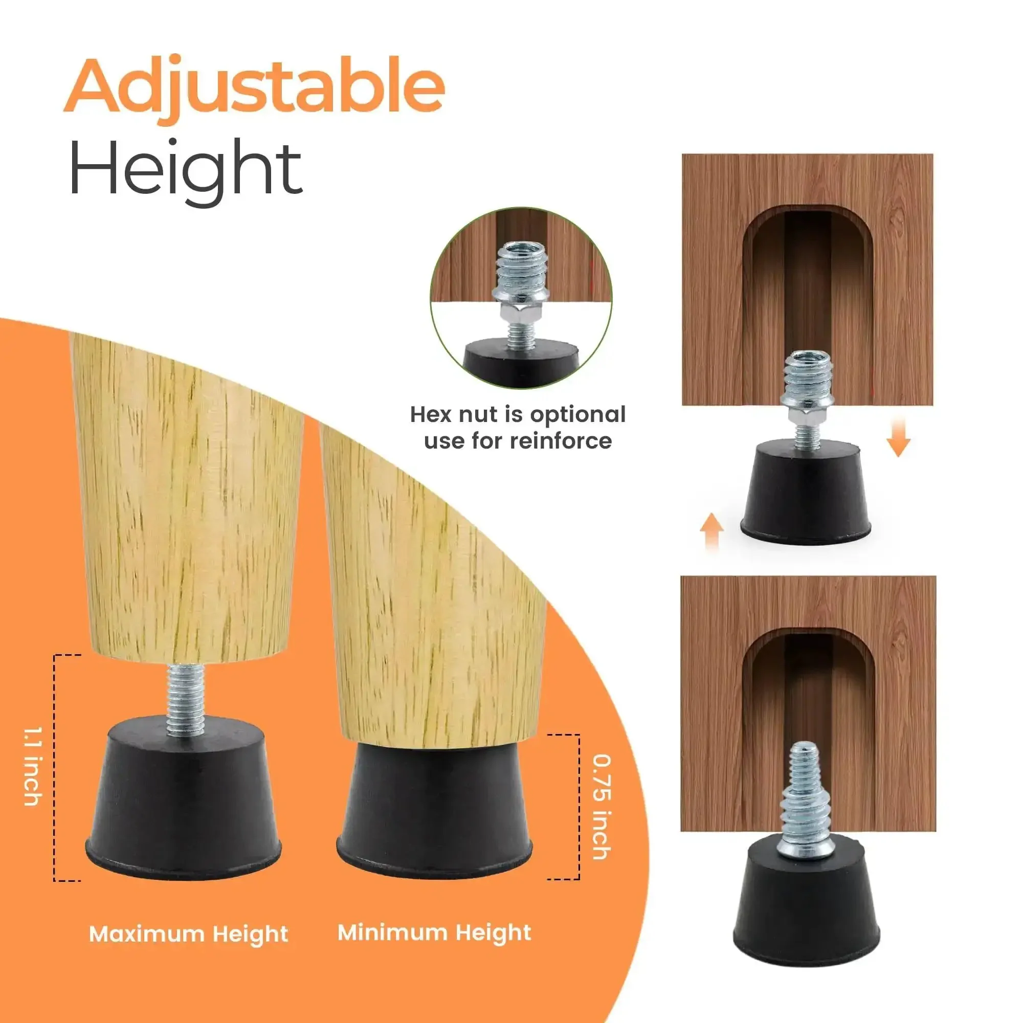 Adjustable One Quarter Inch Rubber Threaded Furniture Levelers Eight Pack Screw In Table Chair Feet Glides For Chairs Tables Cabinets And Patio Furniture - Image 6