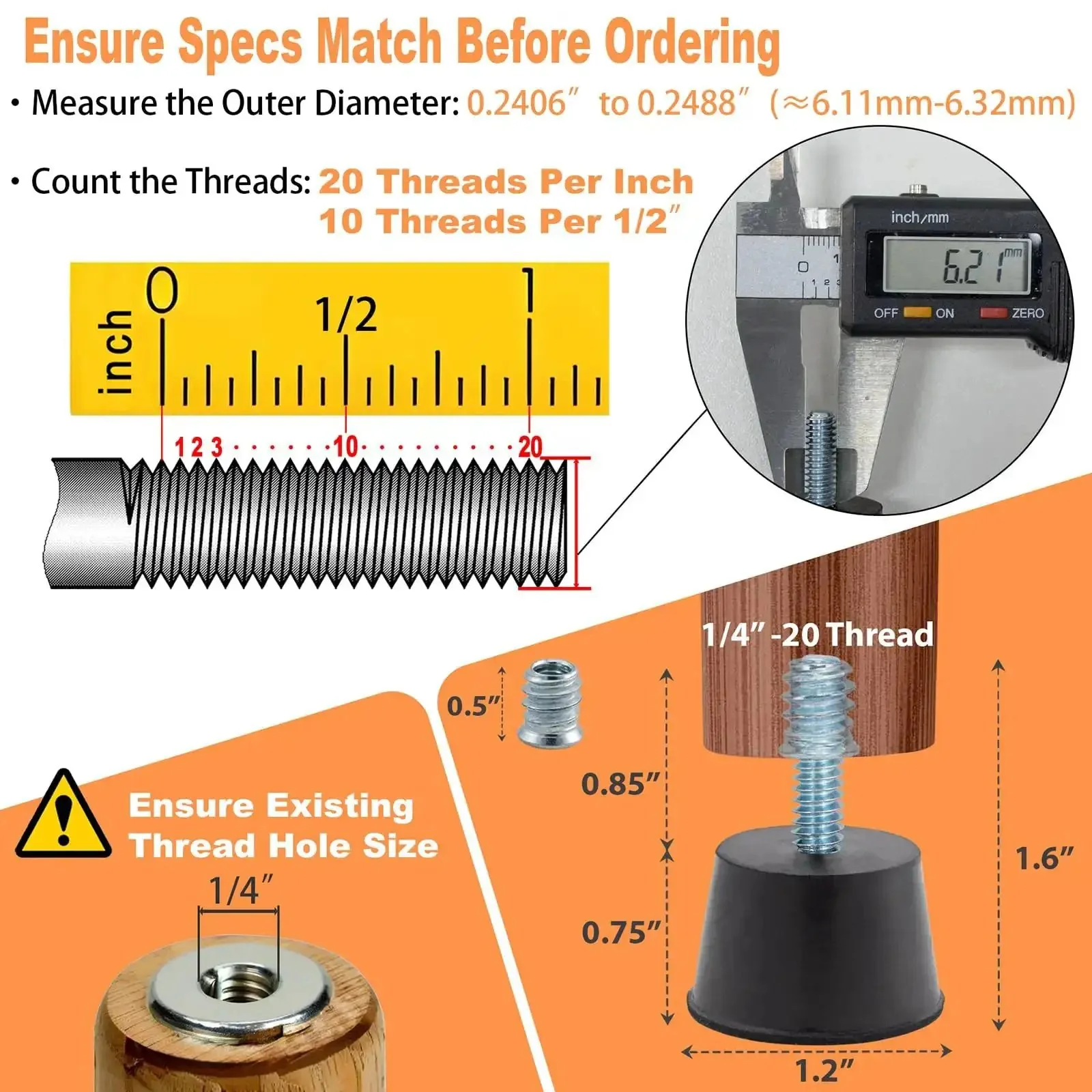 Adjustable One Quarter Inch Rubber Threaded Furniture Levelers Eight Pack Screw In Table Chair Feet Glides For Chairs Tables Cabinets And Patio Furniture - Image 7