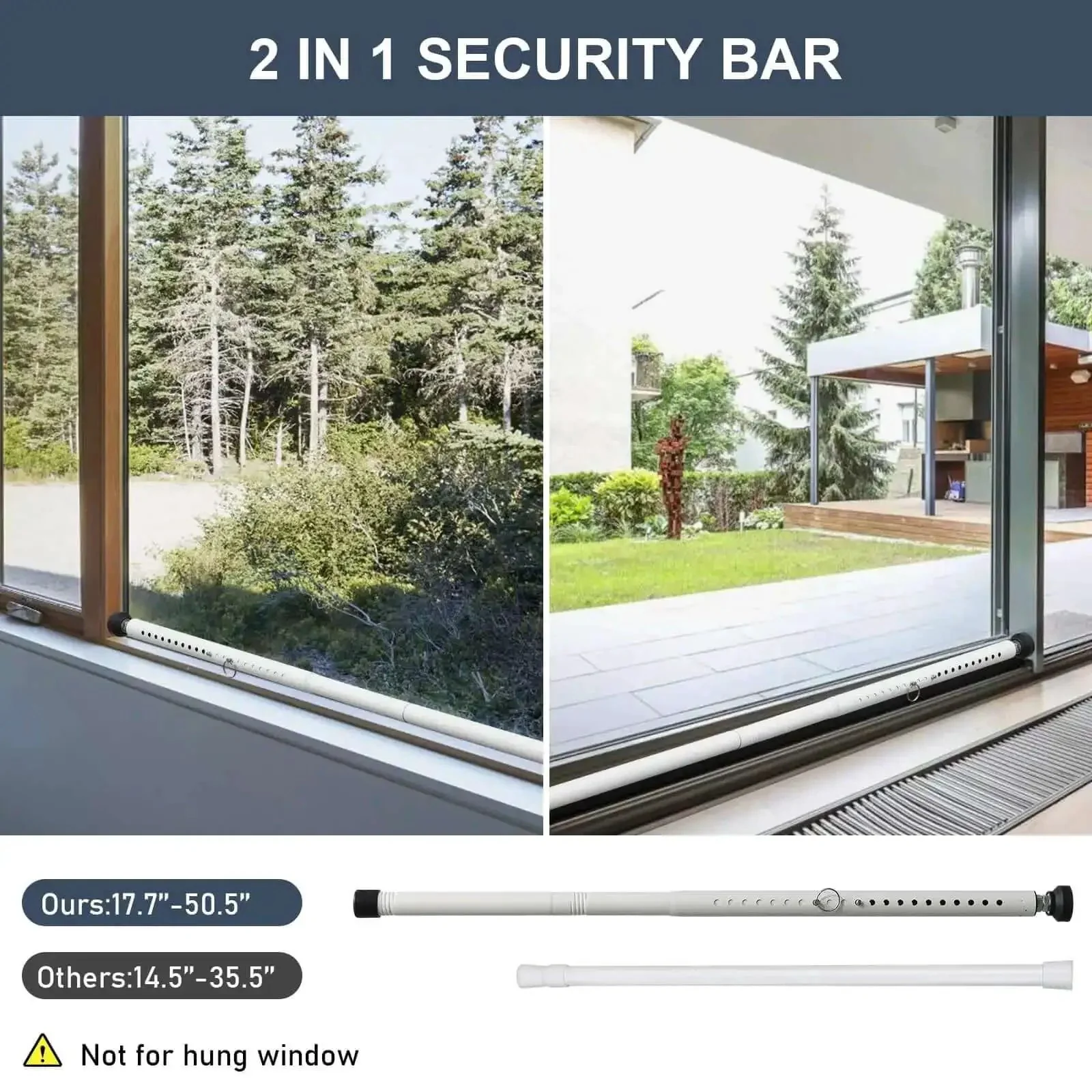 Adjustable Sliding Door Security Bar 17.5 To 50 Inches, Heavy Duty Inside Window Bar For Sliding Glass Doors, White Finish, Withstanding Up To 400 Pounds, Easy Install For Home, Apartment, And Bedroom Security - Image 5