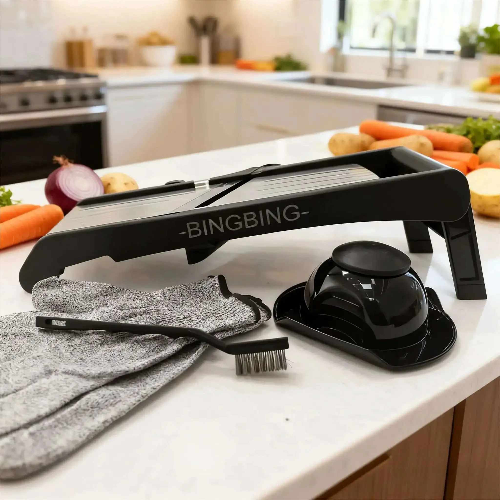 Adjustable Stainless Steel Mandoline Slicer For Kitchen Vegetables With 7 In 1 Blades And Easy Glide Settings Includes Gloves Pusher And Cleaning Brush Non Slip Base For Stable Slicing Onion Potatoes Chips French Fries - Image 3