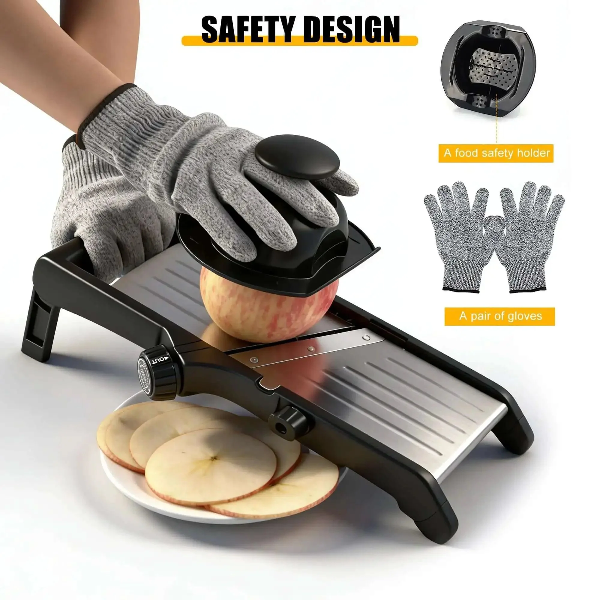 Adjustable Stainless Steel Mandoline Slicer For Kitchen Vegetables With 7 In 1 Blades And Easy Glide Settings Includes Gloves Pusher And Cleaning Brush Non Slip Base For Stable Slicing Onion Potatoes Chips French Fries - Image 5