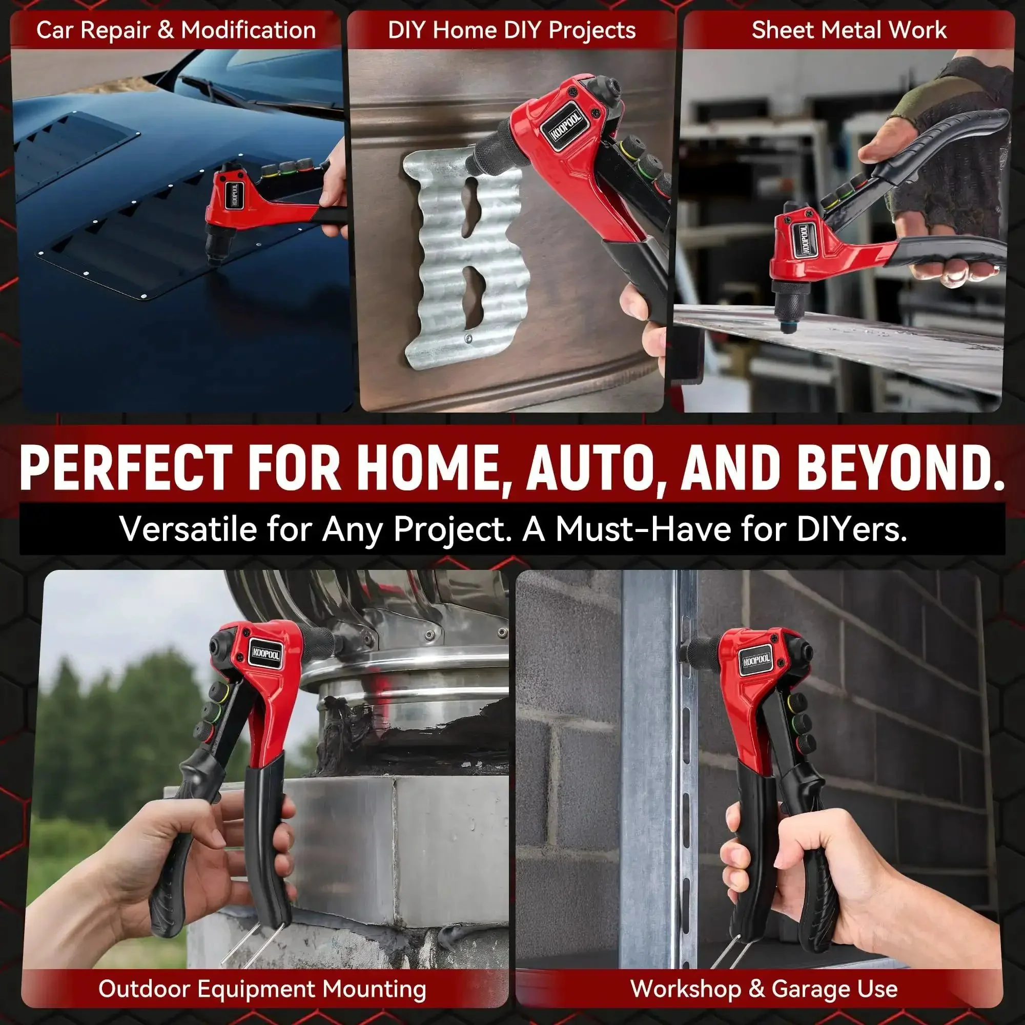 Adjustable Stroke Rivet Gun Kit With Heavy Duty Hand Riveter Includes 200 Aluminum Rivets, 4 Drill Bits, 4 Tool Free Rivet Heads And Sturdy Carry Case For Metal Plastic Leather Projects Perfect For Auto Repair - Image 3