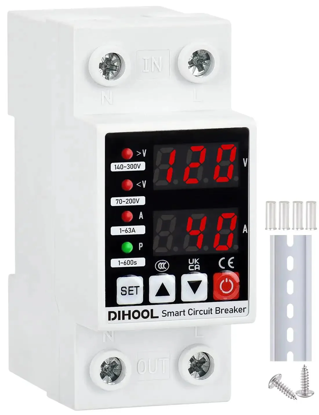 Adjustable Voltage Protector For 110V 220V Setups With Undervoltage 70-200V And Overvoltage 140-300V Cutoff 1-63A Overcurrent Protection Smart Circuit Breaker AC Disconnect DIN Rail Mount 12 Presets