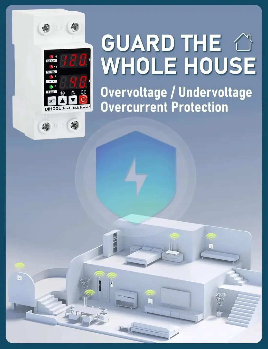 Adjustable Voltage Protector For 110V 220V Setups With Undervoltage 70-200V And Overvoltage 140-300V Cutoff 1-63A Overcurrent Protection Smart Circuit Breaker AC Disconnect DIN Rail Mount 12 Presets - Image 4