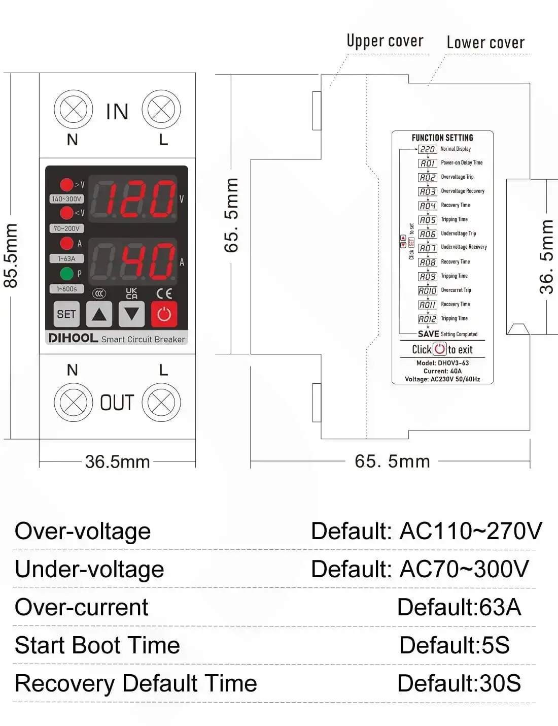 Adjustable Voltage Protector For 110V 220V Setups With Undervoltage 70-200V And Overvoltage 140-300V Cutoff 1-63A Overcurrent Protection Smart Circuit Breaker AC Disconnect DIN Rail Mount 12 Presets - Image 5