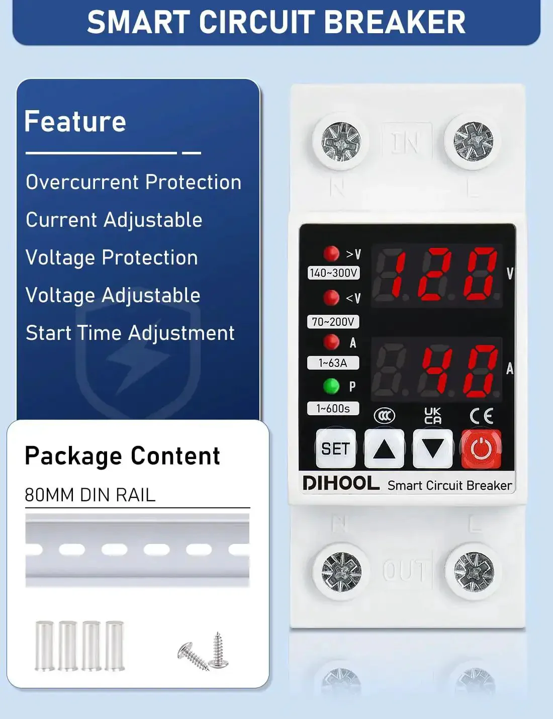 Adjustable Voltage Protector For 110V 220V Setups With Undervoltage 70-200V And Overvoltage 140-300V Cutoff 1-63A Overcurrent Protection Smart Circuit Breaker AC Disconnect DIN Rail Mount 12 Presets - Image 7