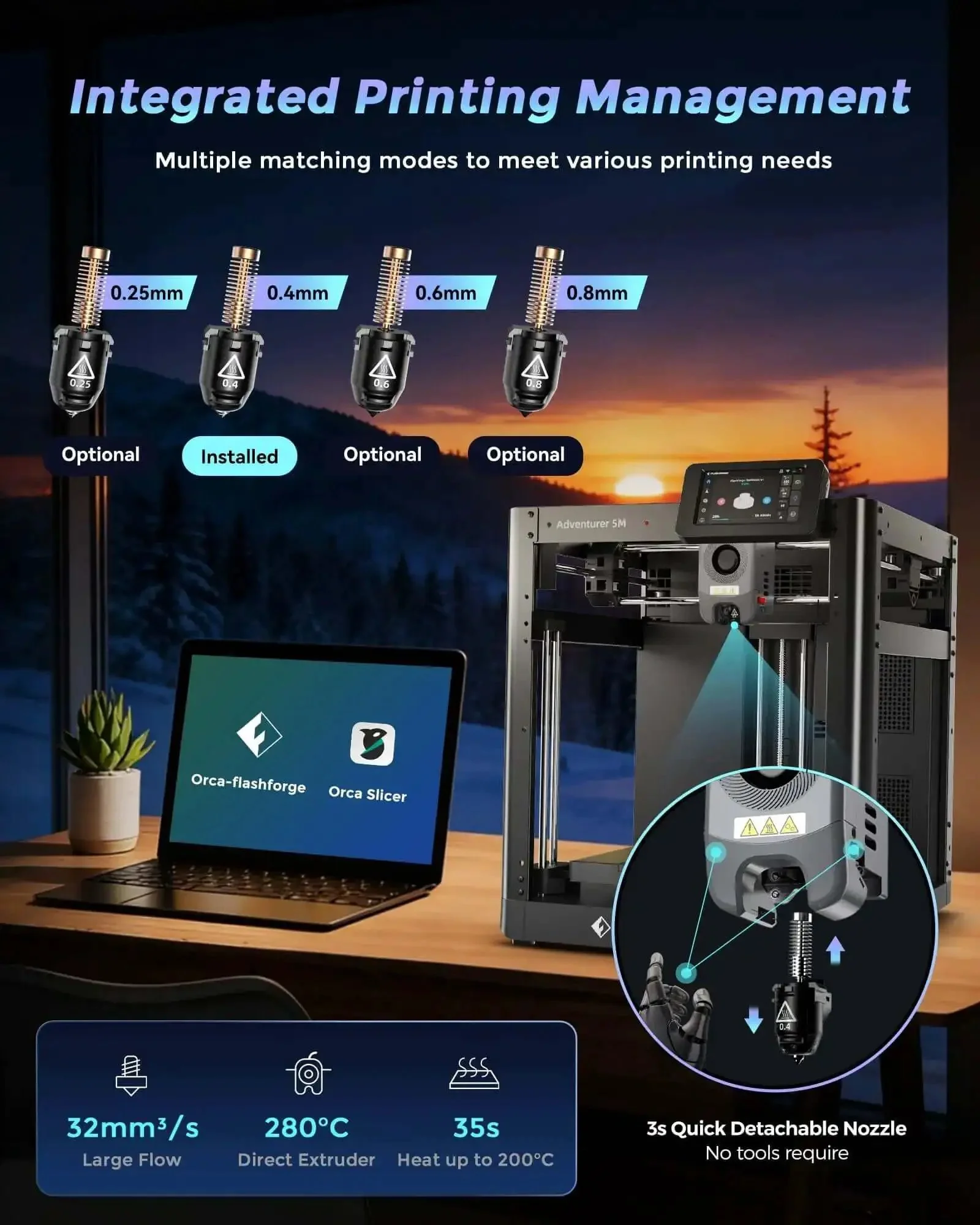 Adventurer 5M 3D Printer With Auto Leveling, Core XY Drive, 600mm/s Max Speed, 280C Direct Extruder, 3S Quick Swap Nozzle, Dual Sided PEI Build Plate, DIY Enclosure, Great For Kids And Beginners, Reliable First Layers - Image 3