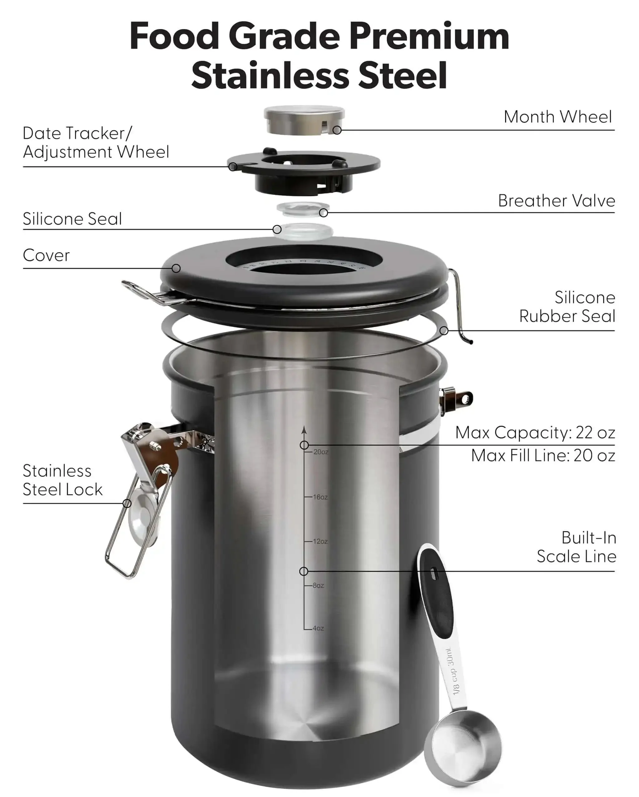 Airtight Stainless Steel Coffee Canister With Window 22 Oz Pantry Storage For Ground Coffee Beans Espresso Tea Sugar Rice Cereal And More Go To Kitchen Organizer For Home Bar Decor Gifts - Image 5