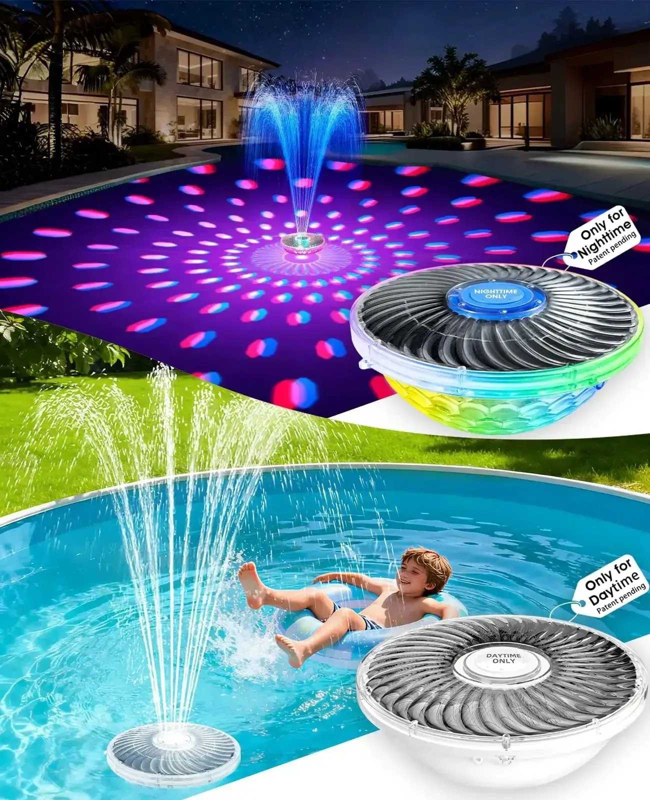 All Day Sun Powered Floating Pool Fountain Kit With Light Show Two Pack Upgraded 2026 Large Solar Fountains For Above Ground Pools Easy Setup And Nighttime Dazzling Spray For Backyard Water Feature