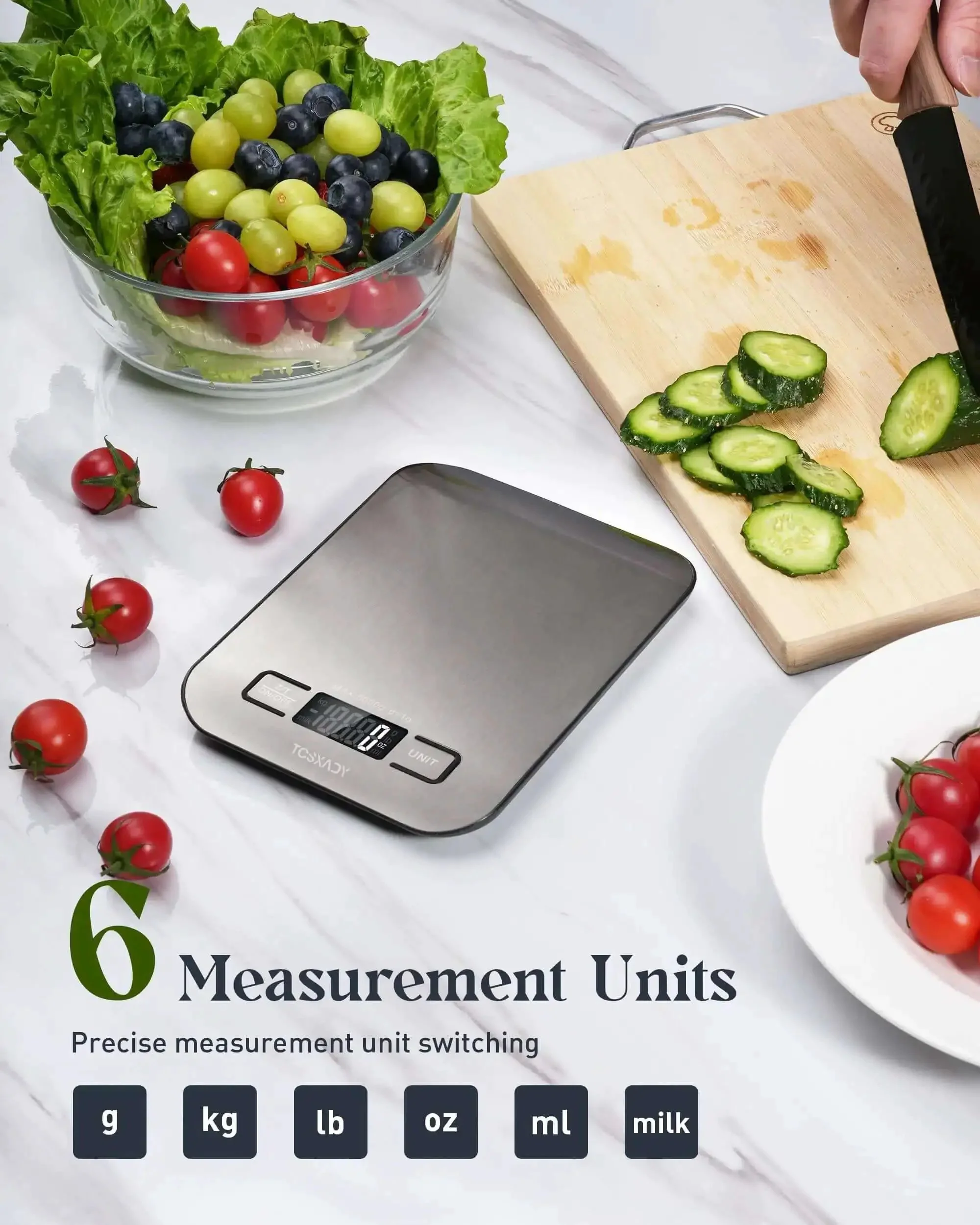 All In One 11 Pound Digital Kitchen Scale With Six Unit Modes G Kg Lb Oz Ml Milk Ml And Tare Function, Compact Stainless Steel Design For Baking, Meal Prep, Healthy Cooking And Precise Recipe Conversions - Image 8