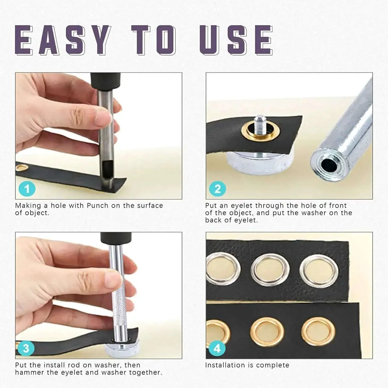 All In One 123 Pcs Grommet Eyelet Kit With 60 Washers And 1 Punch Tool For Canvas And Leather Repairs Four Colors 12mm Half Inch Grommets Setting Base And Installation Tool For DIY Projects - Image 3
