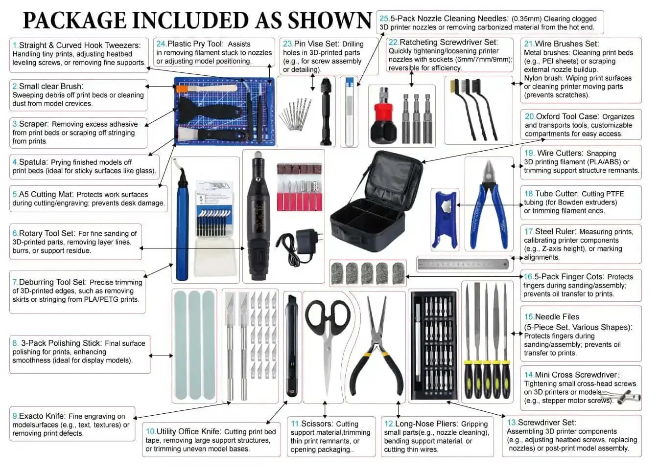 All In One 124 Piece 3D Printer Tool Kit With Carry Case For Finishing Cleaning Nozzles Trimming And Sanding Pro Grade Mini Rotary Tool And Modeler Tools For Easy Print Cleanup And Maintenance - Image 2