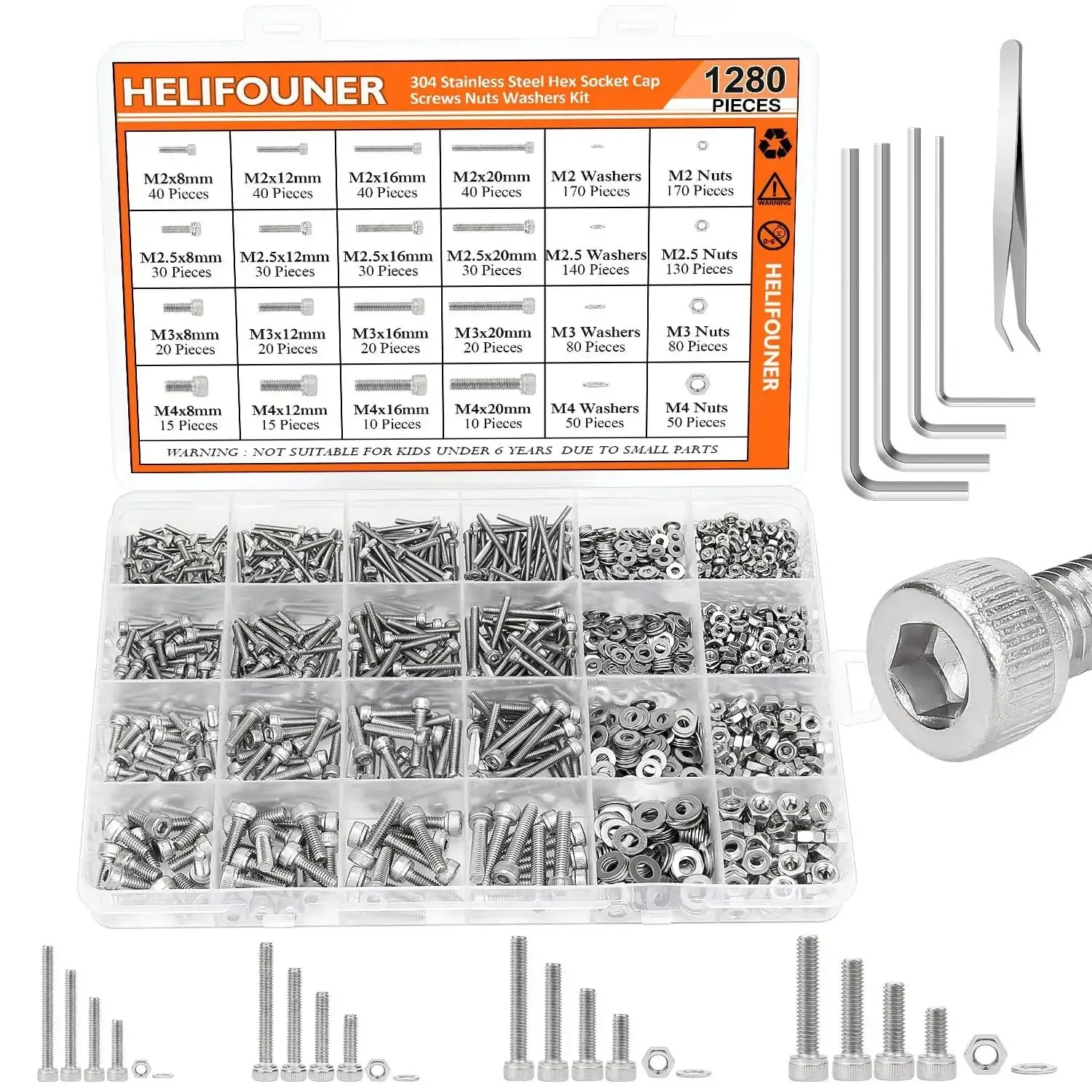 All In One 1280 Piece Stainless Steel Hex Socket Cap Screw Kit M2 M2.5 M3 M4 With Nuts Washers And Hex Wrenches 304 Grade Hardware Set For Electronics DIY Projects And Everyday Repairs