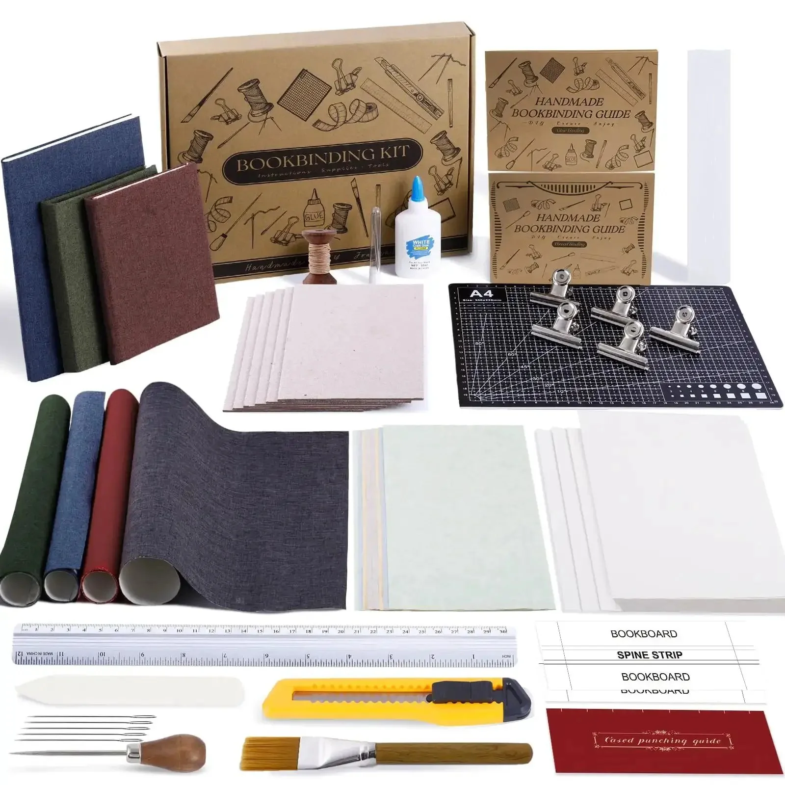 All In One 145Pcs Book Binding Kit For Beginners With A5 Paper And Tools Like Needles, Thread, Awl, Gauze, Book Cloth, Cardboard, Glue, Brush, Bone Folder, Cutting Mat, Ruler, Clips And Knife With Clear Instructions For DIY Bookmaking