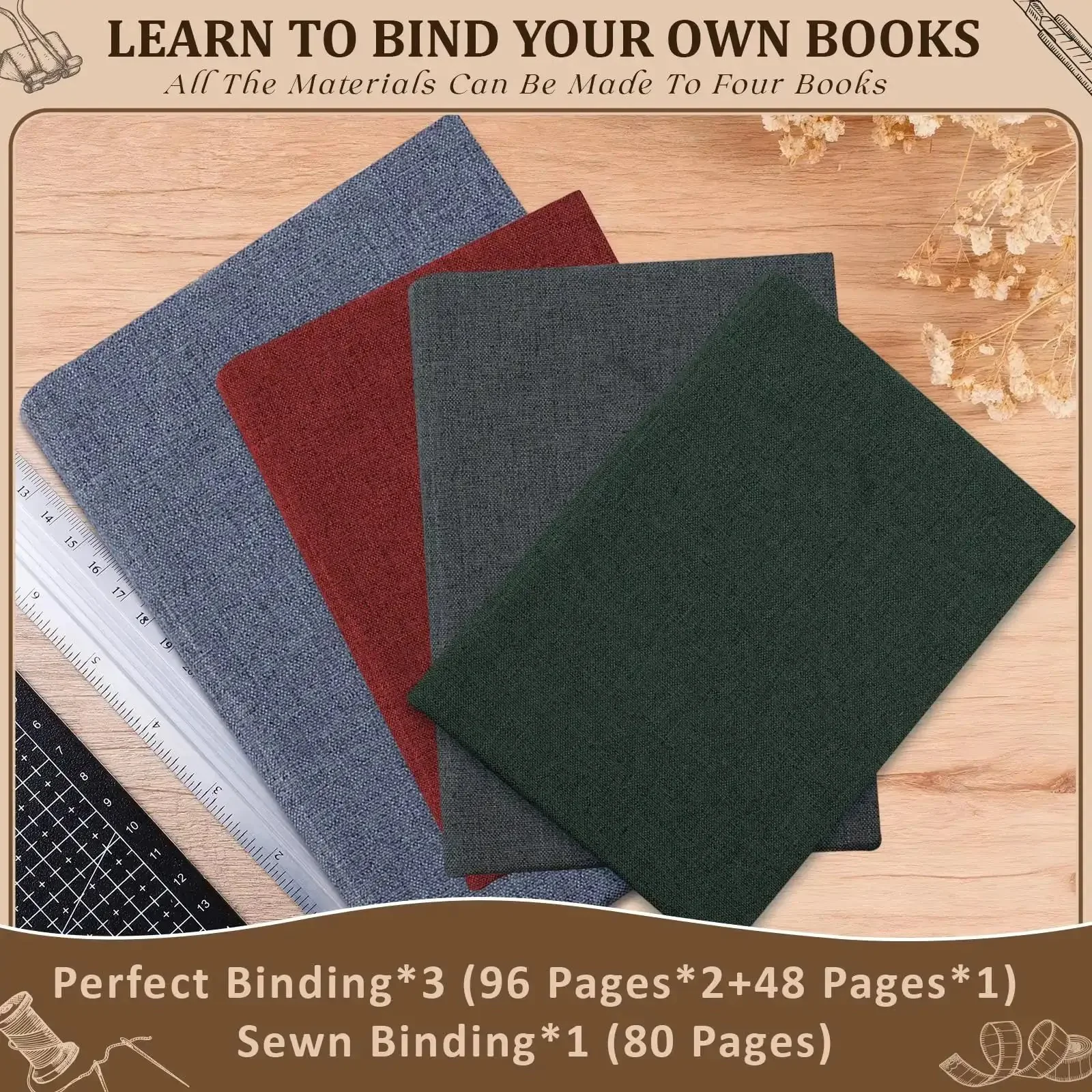 All In One 145Pcs Book Binding Kit For Beginners With A5 Paper And Tools Like Needles, Thread, Awl, Gauze, Book Cloth, Cardboard, Glue, Brush, Bone Folder, Cutting Mat, Ruler, Clips And Knife With Clear Instructions For DIY Bookmaking - Image 2
