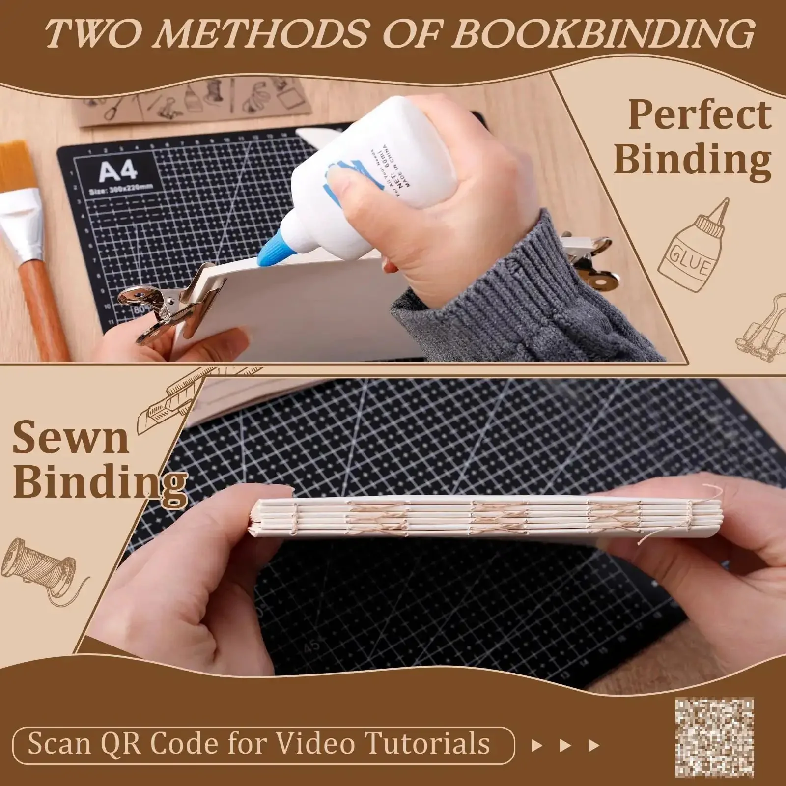 All In One 145Pcs Book Binding Kit For Beginners With A5 Paper And Tools Like Needles, Thread, Awl, Gauze, Book Cloth, Cardboard, Glue, Brush, Bone Folder, Cutting Mat, Ruler, Clips And Knife With Clear Instructions For DIY Bookmaking - Image 5