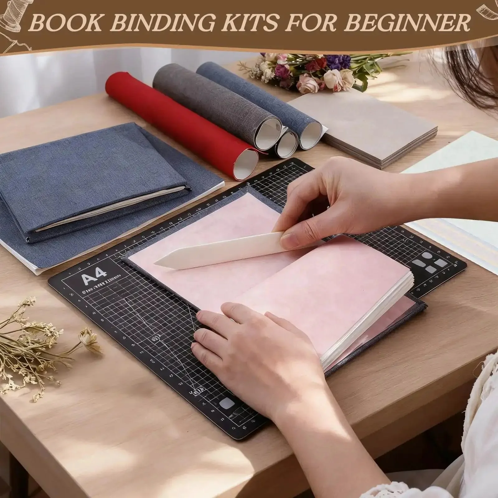 All In One 145Pcs Book Binding Kit For Beginners With A5 Paper And Tools Like Needles, Thread, Awl, Gauze, Book Cloth, Cardboard, Glue, Brush, Bone Folder, Cutting Mat, Ruler, Clips And Knife With Clear Instructions For DIY Bookmaking - Image 6