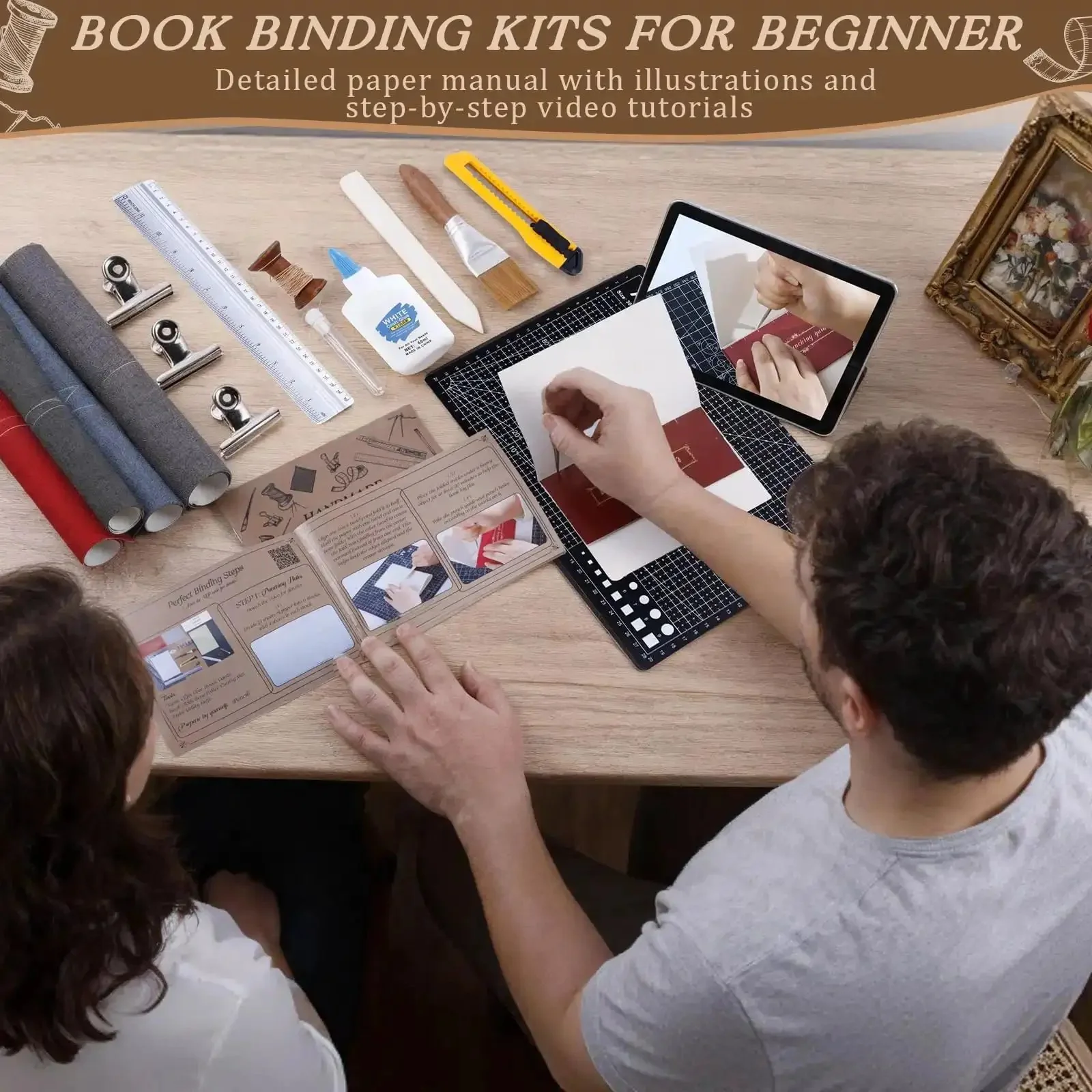All In One 145Pcs Book Binding Kit For Beginners With A5 Paper And Tools Like Needles, Thread, Awl, Gauze, Book Cloth, Cardboard, Glue, Brush, Bone Folder, Cutting Mat, Ruler, Clips And Knife With Clear Instructions For DIY Bookmaking - Image 7