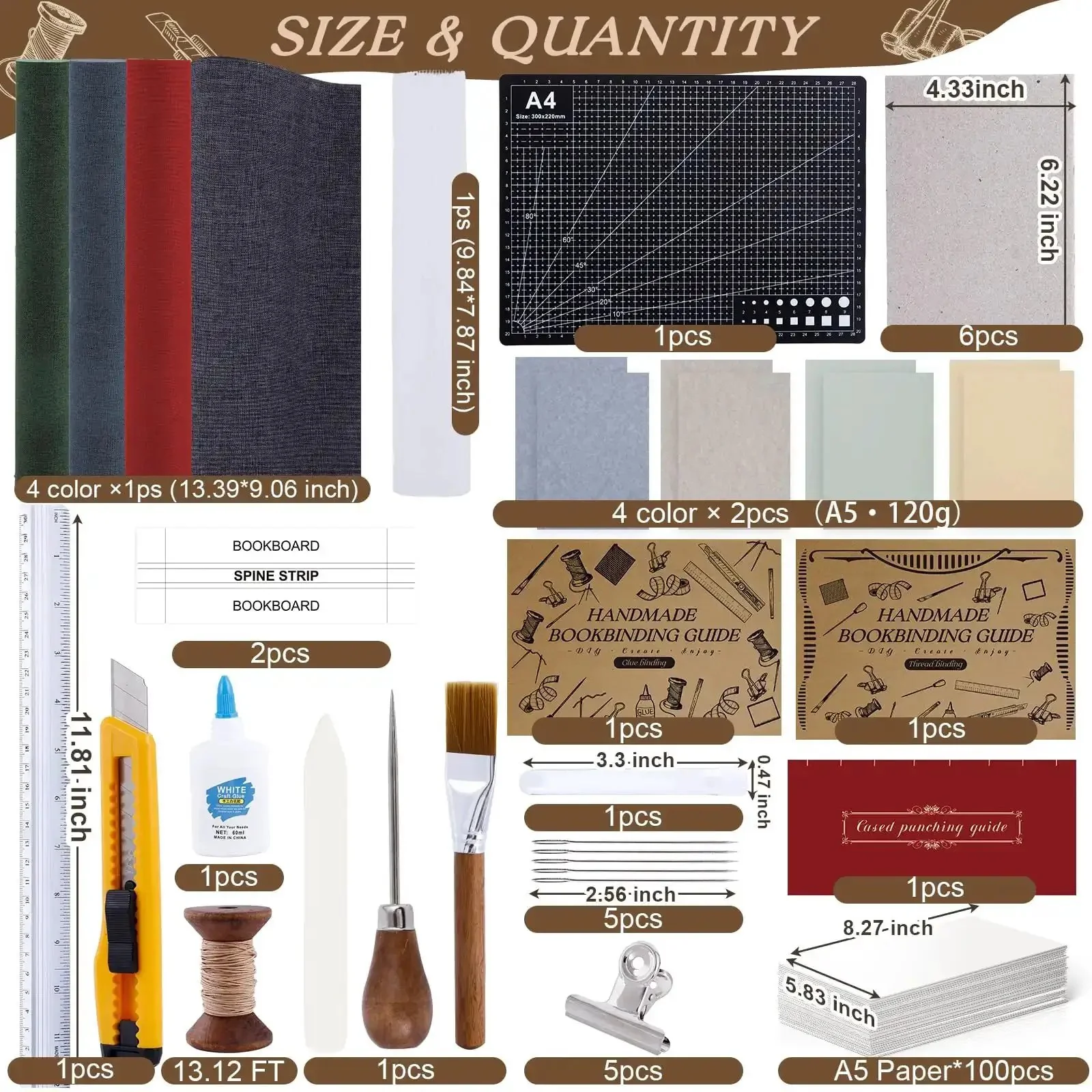 All In One 145Pcs Book Binding Kit For Beginners With A5 Paper And Tools Like Needles, Thread, Awl, Gauze, Book Cloth, Cardboard, Glue, Brush, Bone Folder, Cutting Mat, Ruler, Clips And Knife With Clear Instructions For DIY Bookmaking - Image 8