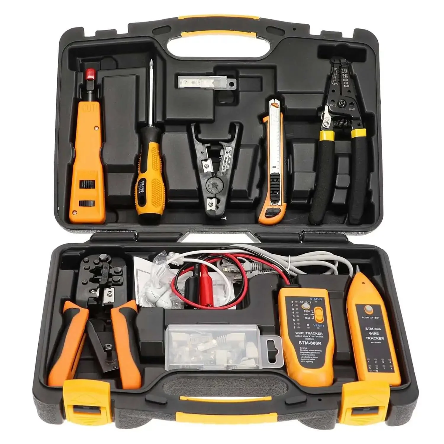 All-In-One 15-In-1 Network Tool Kit For Ethernet Cabling Pro Grade RJ45 Crimp Tool Cat5 Cat6 Tester Wire Stripper Cutter Twisting Tool Punch Down Tool Screwdriver Knife In A Lightweight Portable Case