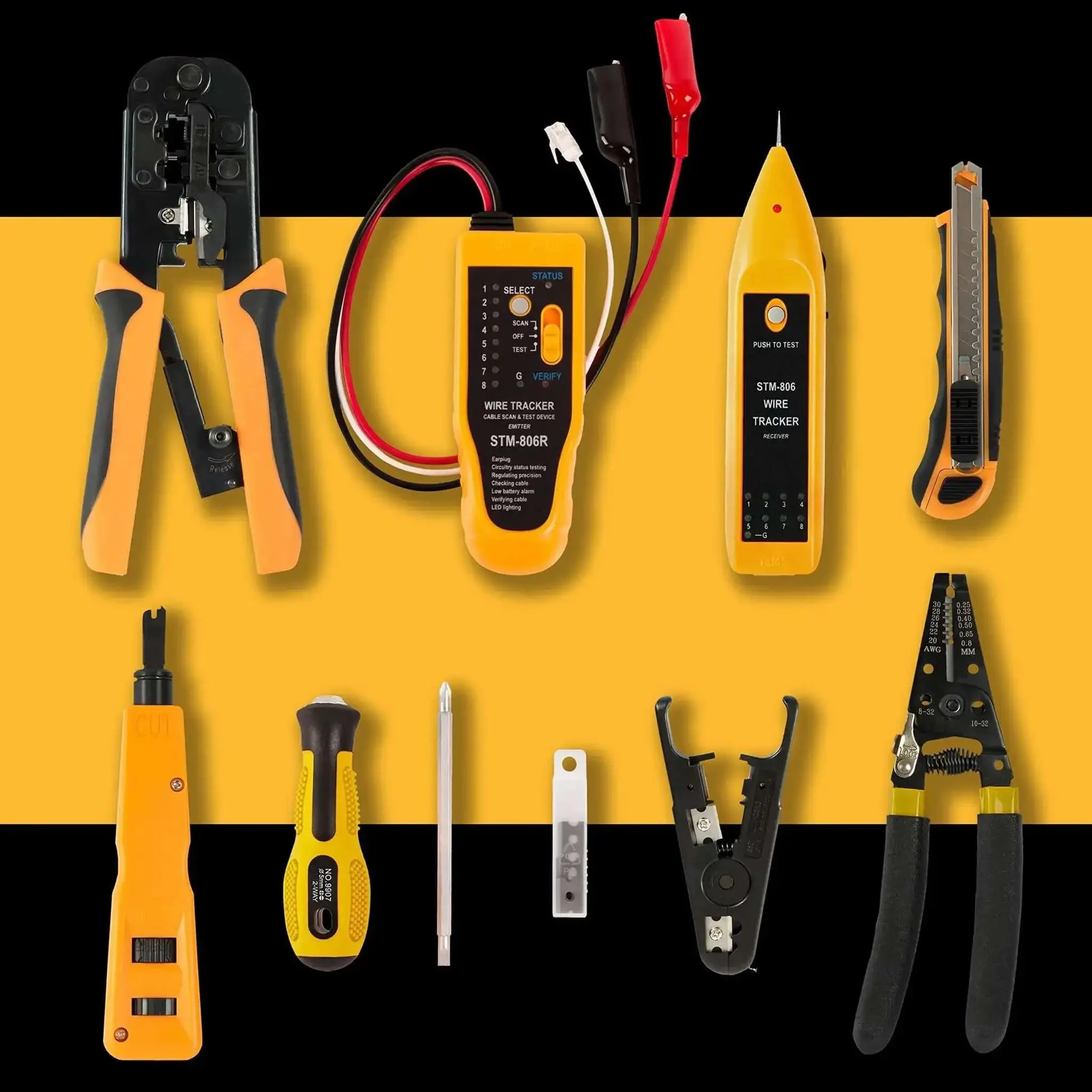 All-In-One 15-In-1 Network Tool Kit For Ethernet Cabling Pro Grade RJ45 Crimp Tool Cat5 Cat6 Tester Wire Stripper Cutter Twisting Tool Punch Down Tool Screwdriver Knife In A Lightweight Portable Case - Image 3