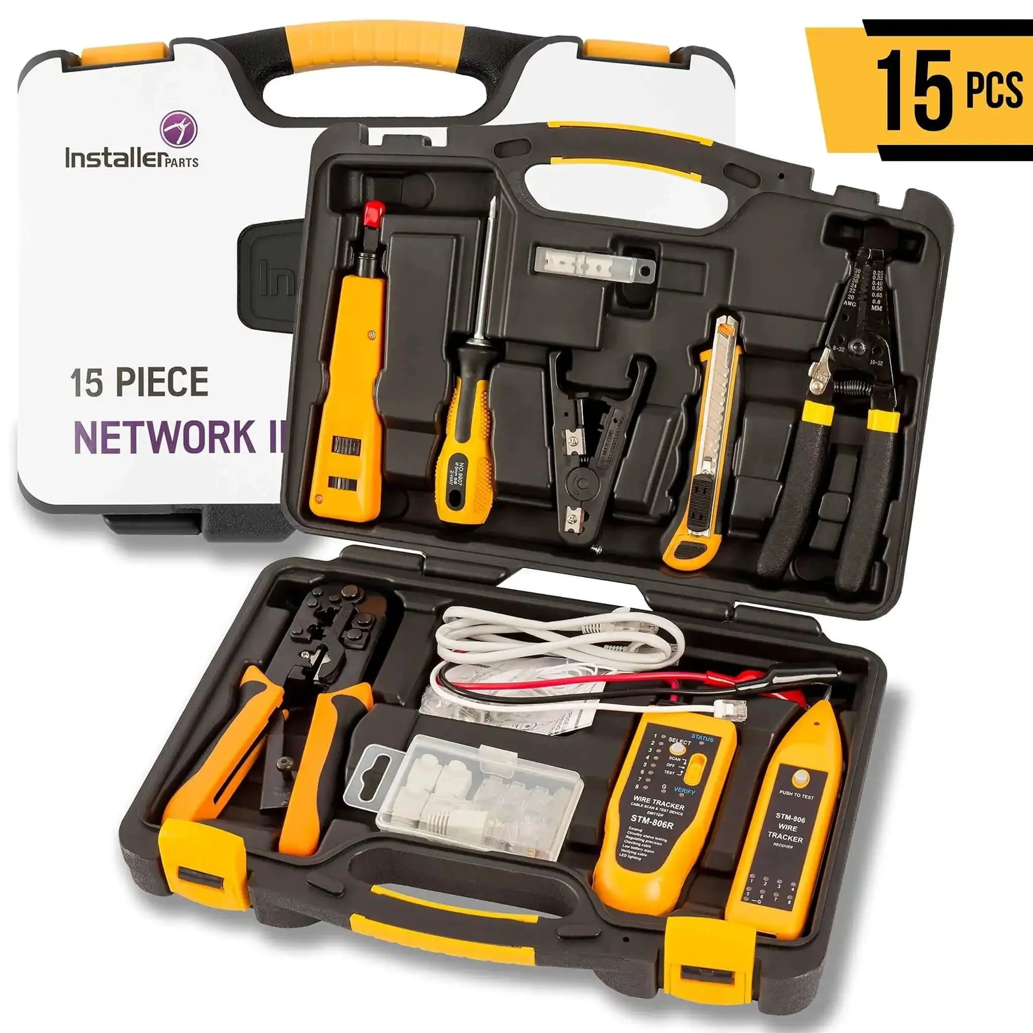 All-In-One 15-In-1 Network Tool Kit For Ethernet Cabling Pro Grade RJ45 Crimp Tool Cat5 Cat6 Tester Wire Stripper Cutter Twisting Tool Punch Down Tool Screwdriver Knife In A Lightweight Portable Case - Image 9