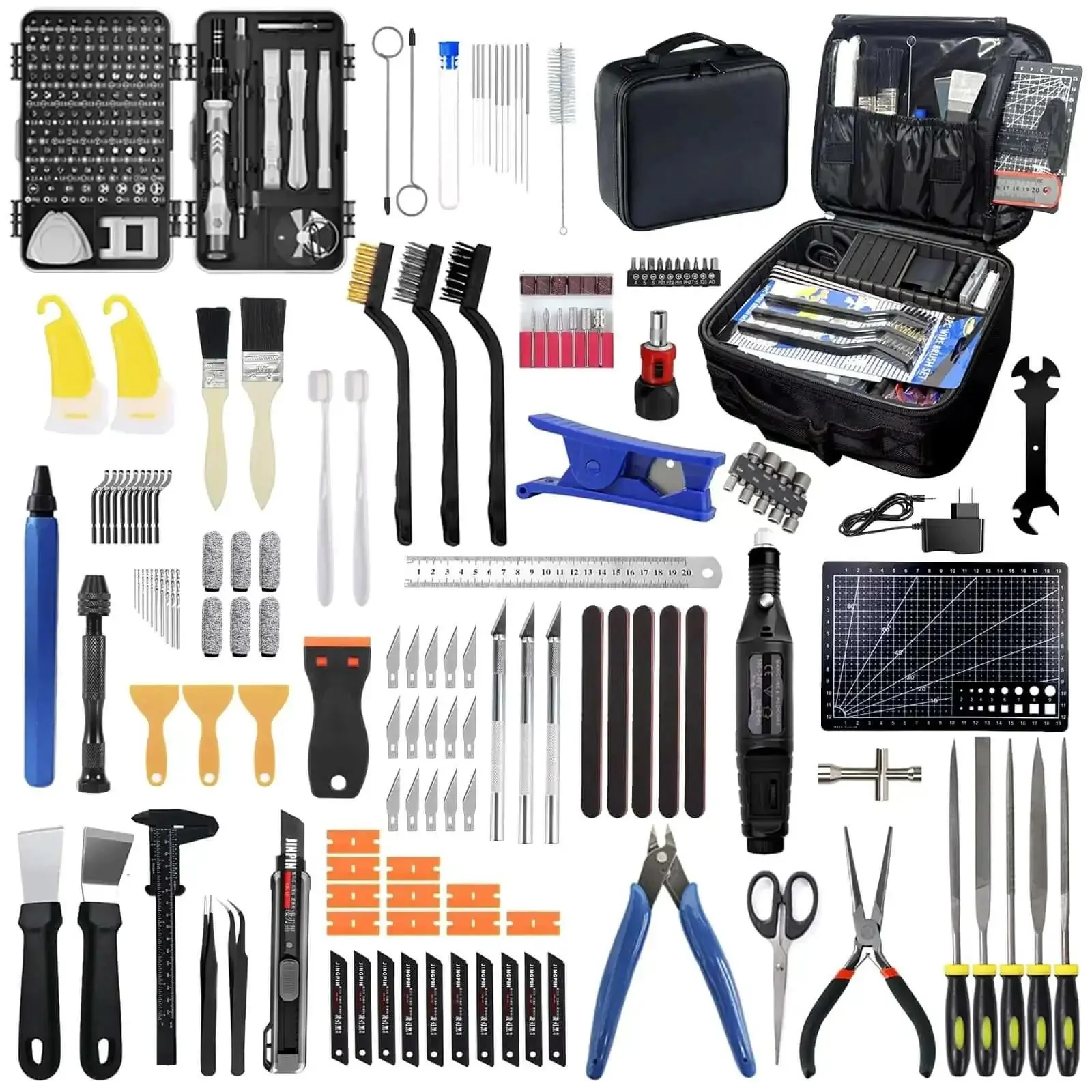 All In One 262 PC 3D Printer Tool Set With Tool Bag For Removal Trimming Finishing Sanding Cleaning And Scraping Pro Grade Nozzle Cleaning Kit Plus Mini Electric Grinder For Full Process Modeling