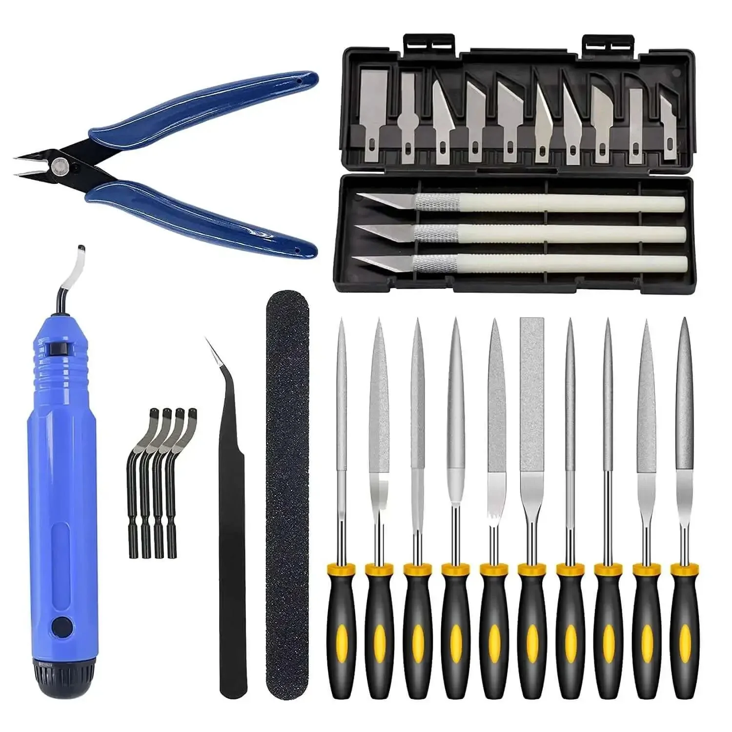 All-In-One 32 Piece 3D Print Tool Kit For Cleaning Finishing Deburring And Post Processing With Knife Clean Up Kit Deburring Tools Pliers Tweezers Files And Accessories For Smooth Pro Grade 3D Prints