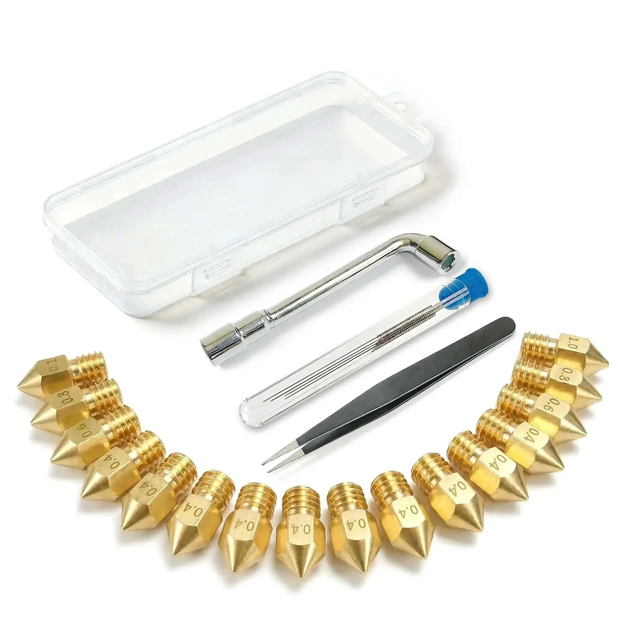 All In One 3D Printer Nozzle Kit With 16 MK8 Brass Nozzles 0.2mm 0.4mm 0.6mm 0.8mm And 1.0mm Plus Wrench Tweezers Cleaning Needles And Storage Case For Ender 3 Pro And CR 10 Series