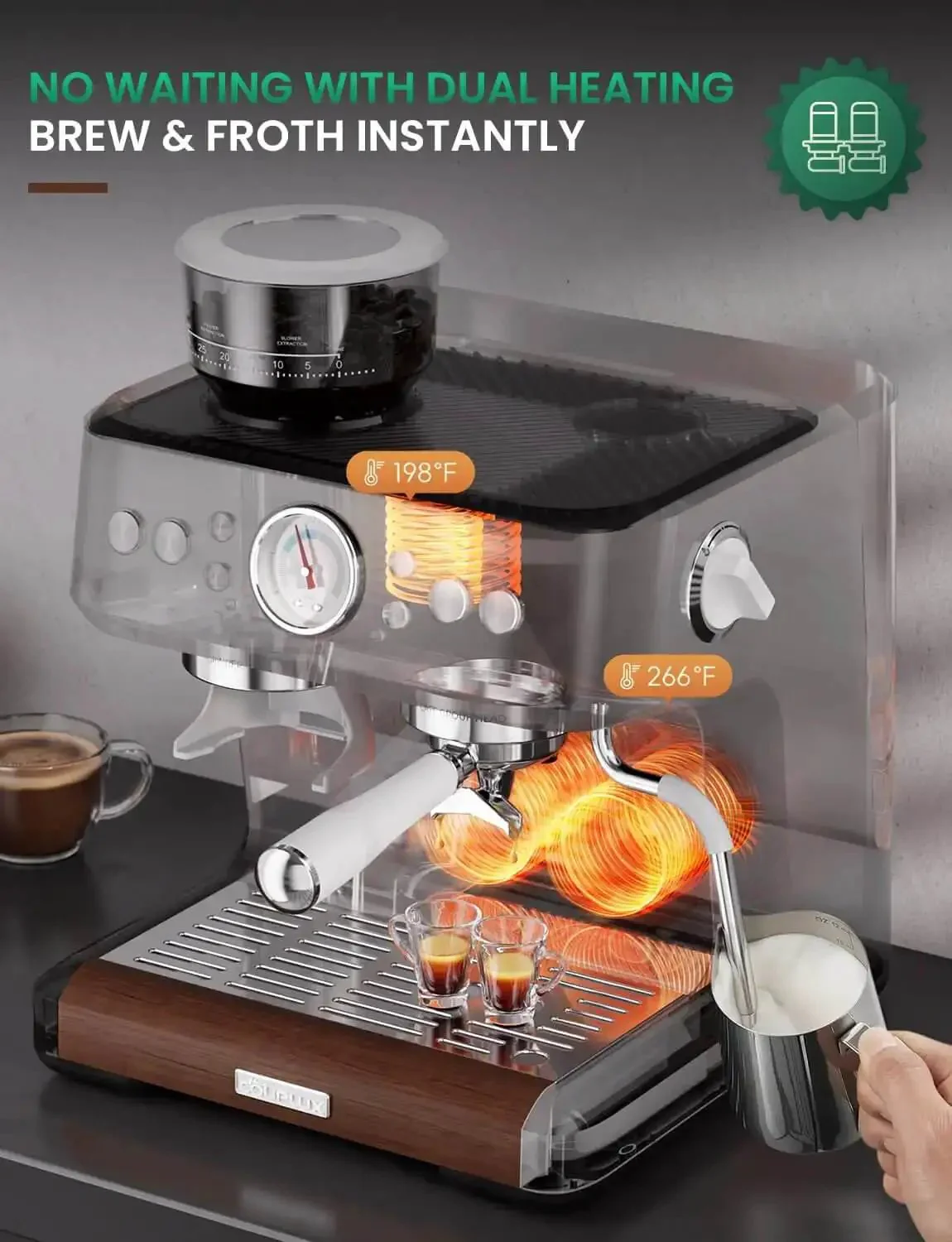 All-In-One 58mm Espresso Machine With Built-In Grinder And Milk Steam Wand, 15 Bar, Stainless Steel, Anti-Static Grinder, Barista-Grade Home Cafe Cappuccino And Latte Maker, 2026 Upgraded - Image 3