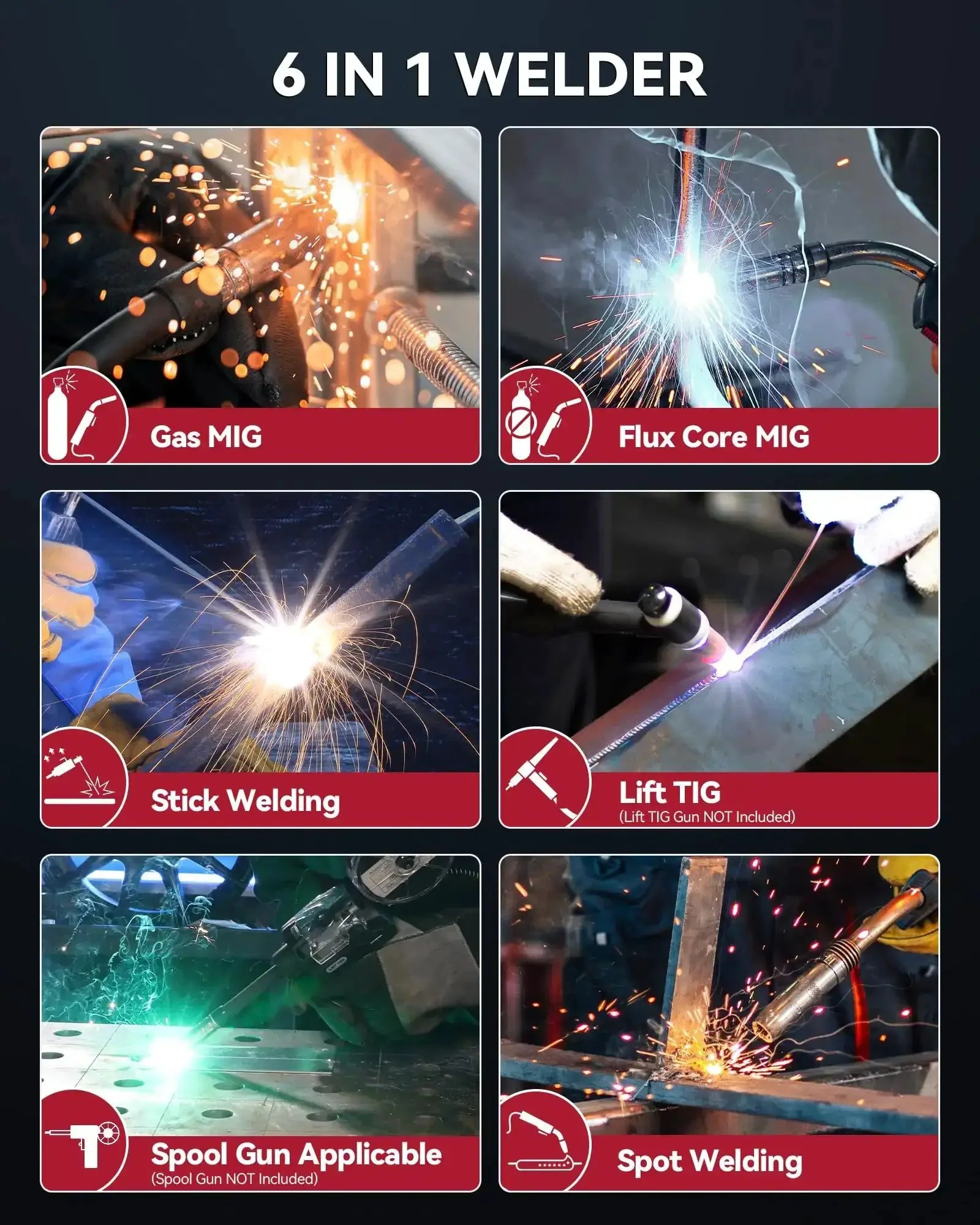 All In One 6 In 1 MIG Welder With Gas, Flux Core, Stick MMA, Lift TIG, Spot Weld, Spool Gun Ready Aluminum Multi Process Welder, 200Amp, LED Display, Burn Back Adjustment, 110V 220V - Image 8