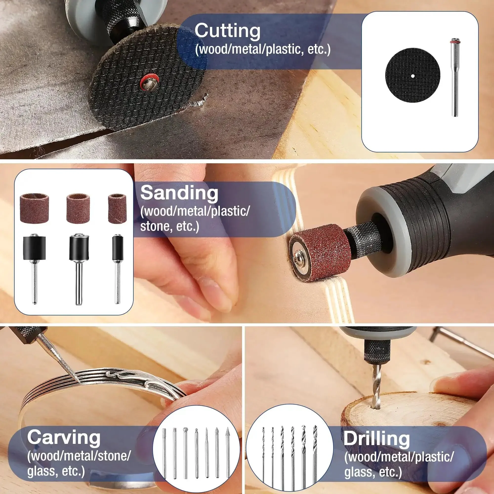 All In One 698 Piece Rotary Tool Accessories Kit With Diamond Cutting Wheels Sanding Bands And Discs Flap Wheels Cut Off Wheels Sanding Paper Polishing Pads Do It All For Easy Cutting Grinding Sanding Polishing Cleaning Drilling Carving And Engraving - Image 4
