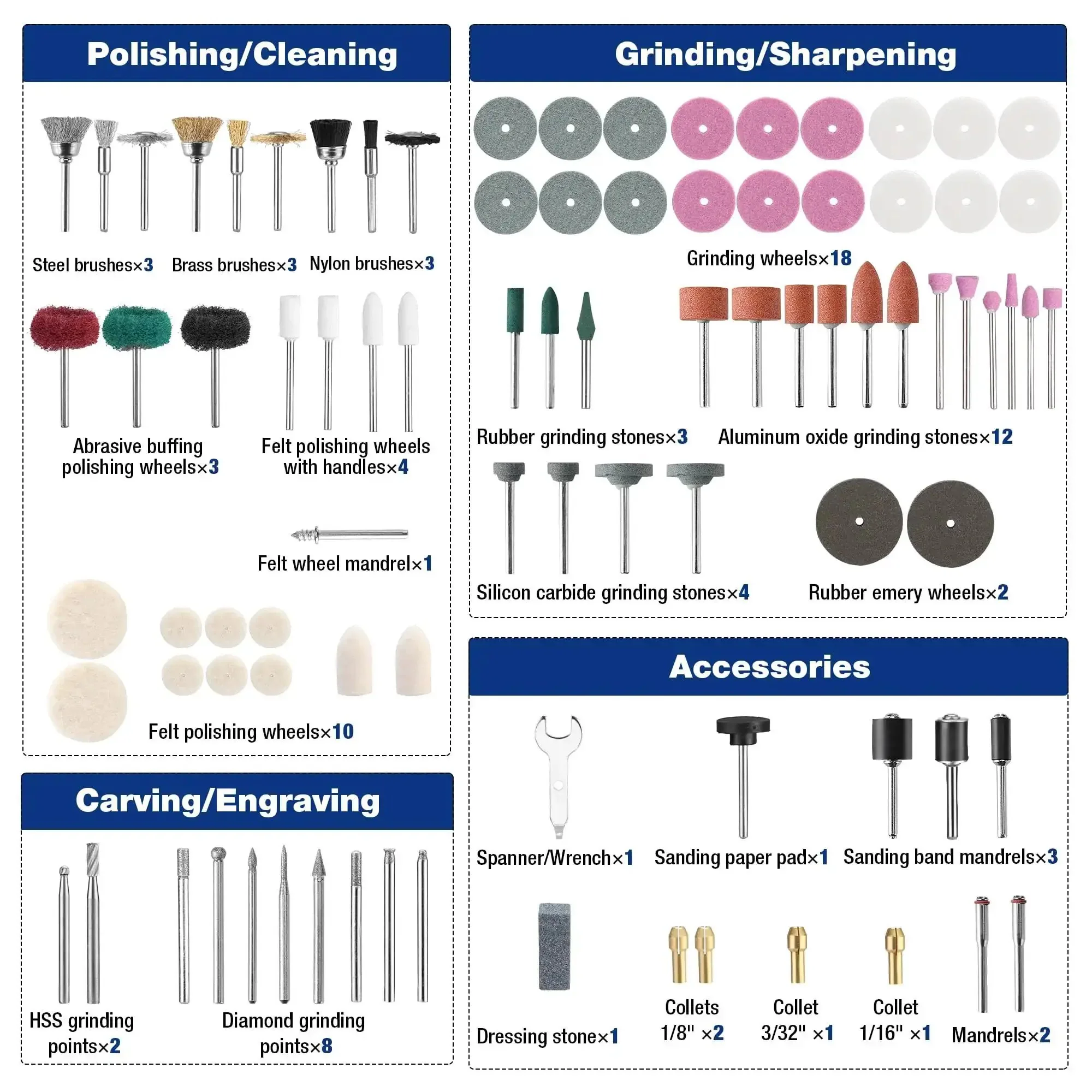 All In One 698 Piece Rotary Tool Accessories Kit With Diamond Cutting Wheels Sanding Bands And Discs Flap Wheels Cut Off Wheels Sanding Paper Polishing Pads Do It All For Easy Cutting Grinding Sanding Polishing Cleaning Drilling Carving And Engraving - Image 7