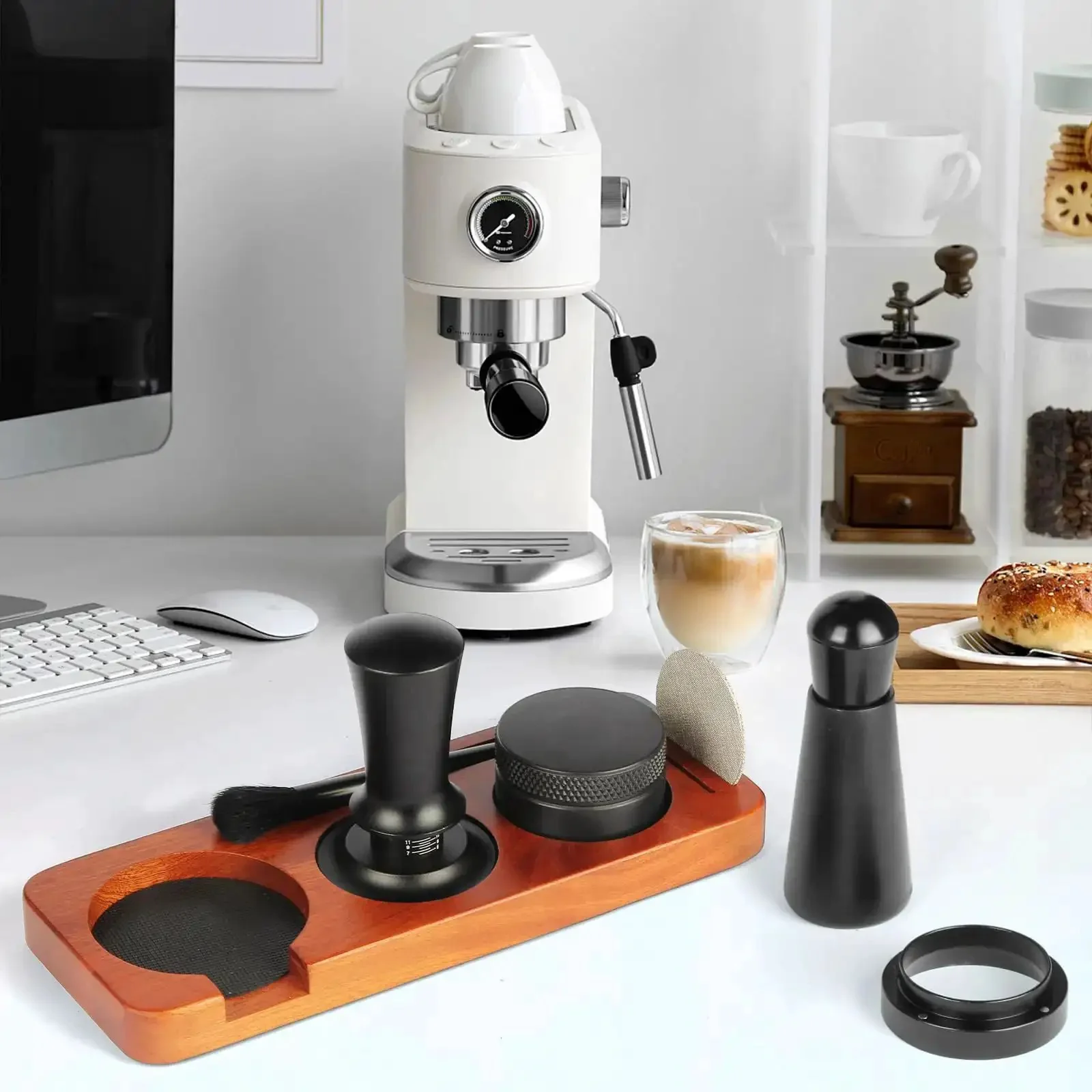 All In One 7 Piece Espresso Accessories Kit For Home Baristas Includes 54mm Espresso Tamper WDT Needle Stirrer Wood Tamping Station Dosing Funnel Brush Puck Screen And Distributor For Perfect Clean Shots Every Time - Image 7
