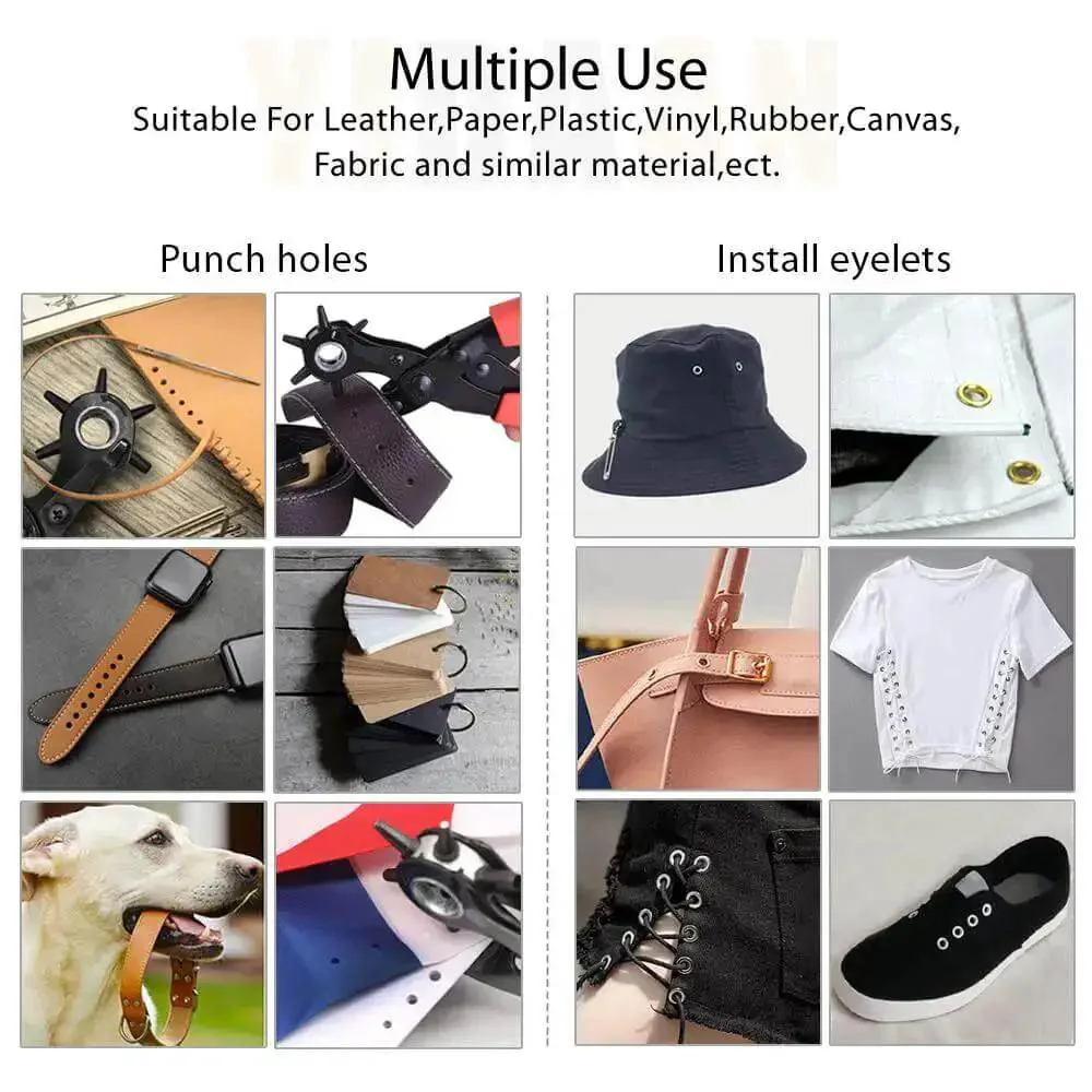 All In One Belt Hole Punch Tool Kit With Multiple Size Grommet Eyelets For Belts Watch Bands Straps Dog Collars Shoes Saddles Fabric And DIY Projects Includes Spare Brass Pads Screwdriver Carborundum Rod Ruler And Manual - Image 3