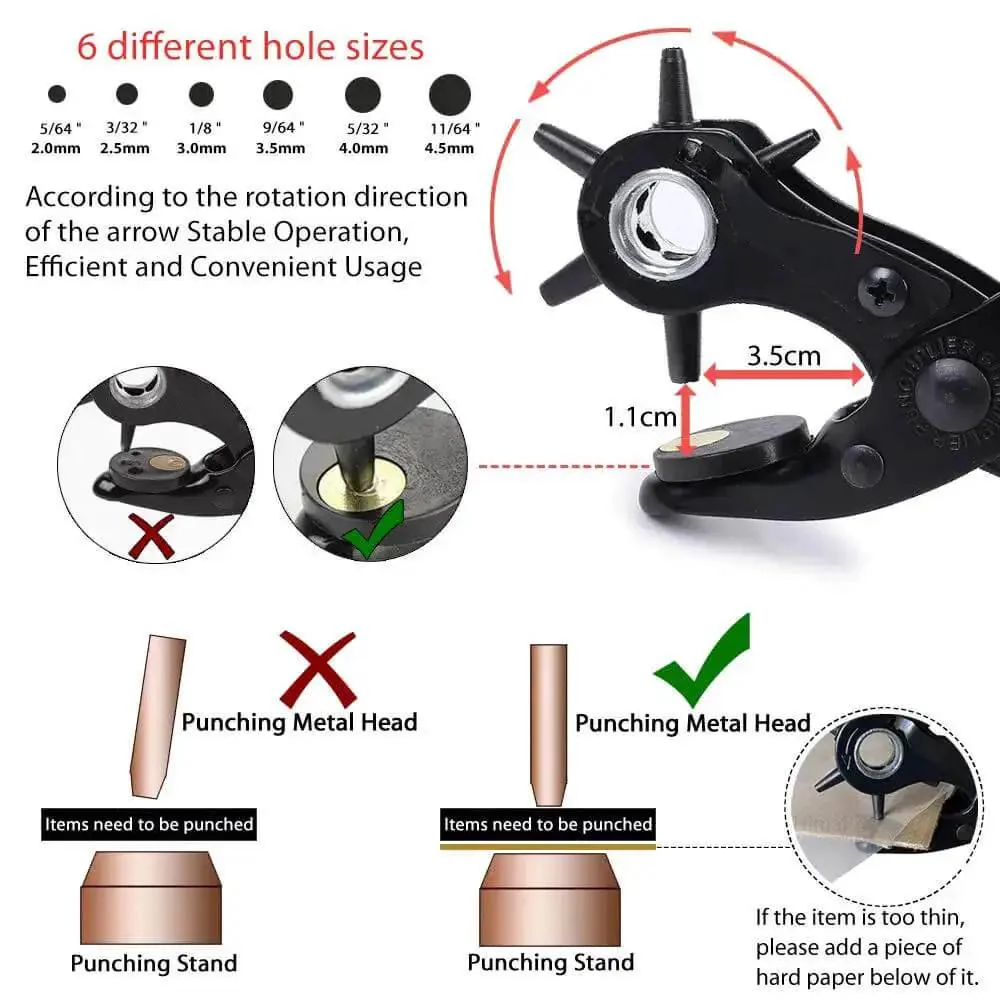 All In One Belt Hole Punch Tool Kit With Multiple Size Grommet Eyelets For Belts Watch Bands Straps Dog Collars Shoes Saddles Fabric And DIY Projects Includes Spare Brass Pads Screwdriver Carborundum Rod Ruler And Manual - Image 4