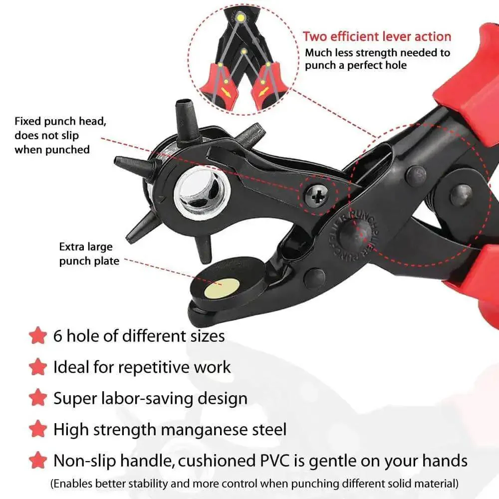 All In One Belt Hole Punch Tool Kit With Multiple Size Grommet Eyelets For Belts Watch Bands Straps Dog Collars Shoes Saddles Fabric And DIY Projects Includes Spare Brass Pads Screwdriver Carborundum Rod Ruler And Manual - Image 5