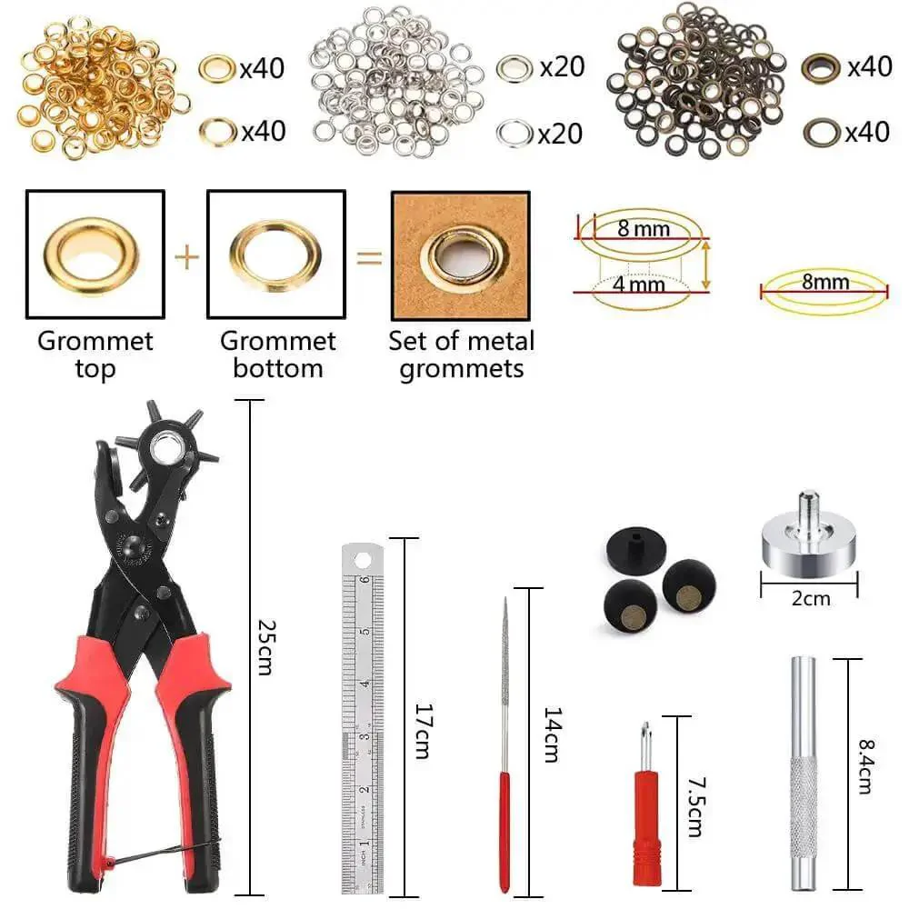 All In One Belt Hole Punch Tool Kit With Multiple Size Grommet Eyelets For Belts Watch Bands Straps Dog Collars Shoes Saddles Fabric And DIY Projects Includes Spare Brass Pads Screwdriver Carborundum Rod Ruler And Manual - Image 7