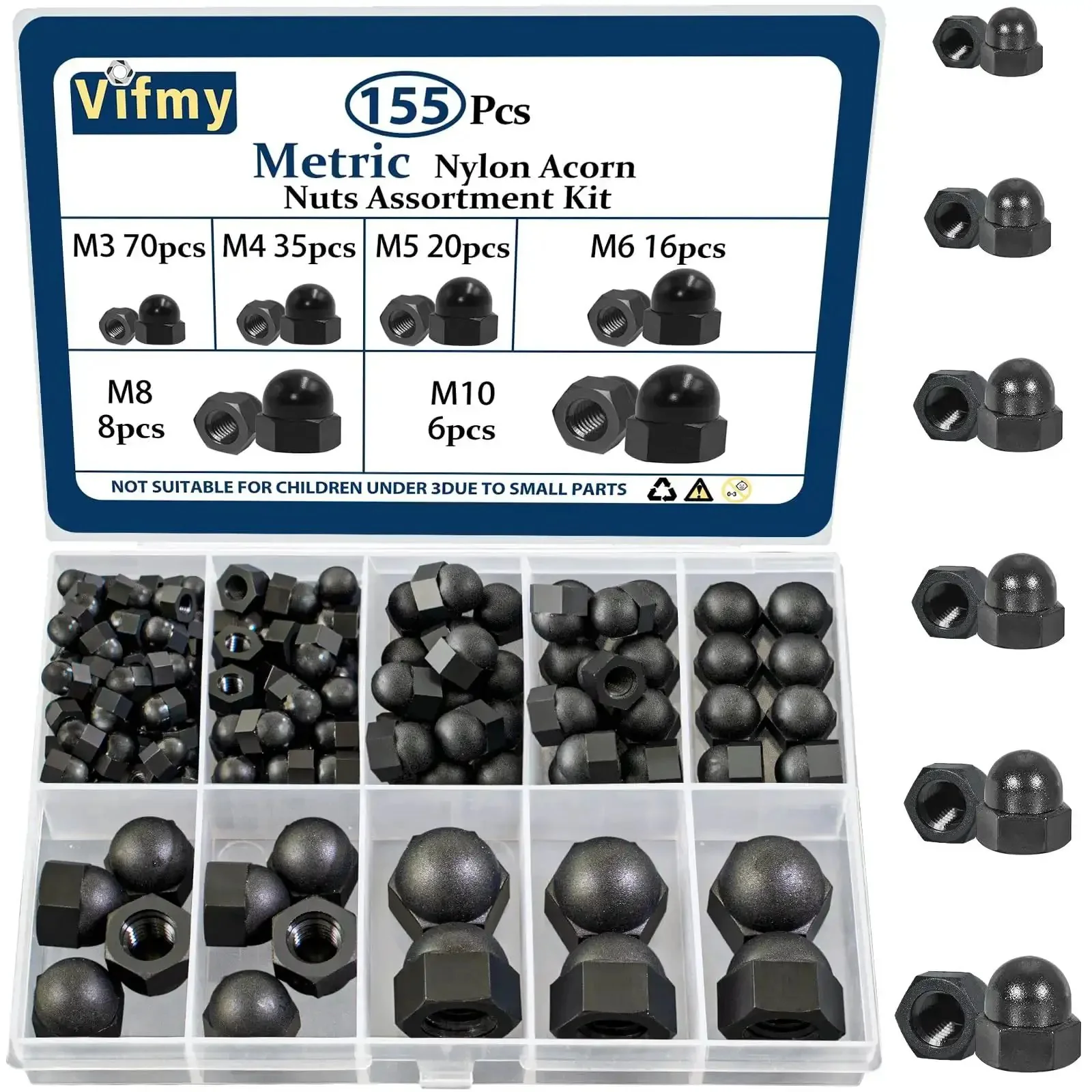 All In One Black Nylon Acorn Nut Kit With M3 To M10 Sizes, 155 Pieces, Dome Head Cap Nuts For Bolts, Indoor And Outdoor Use, Sturdy Nylon Nut Caps For Spacers, Fasteners, And DIY Projects