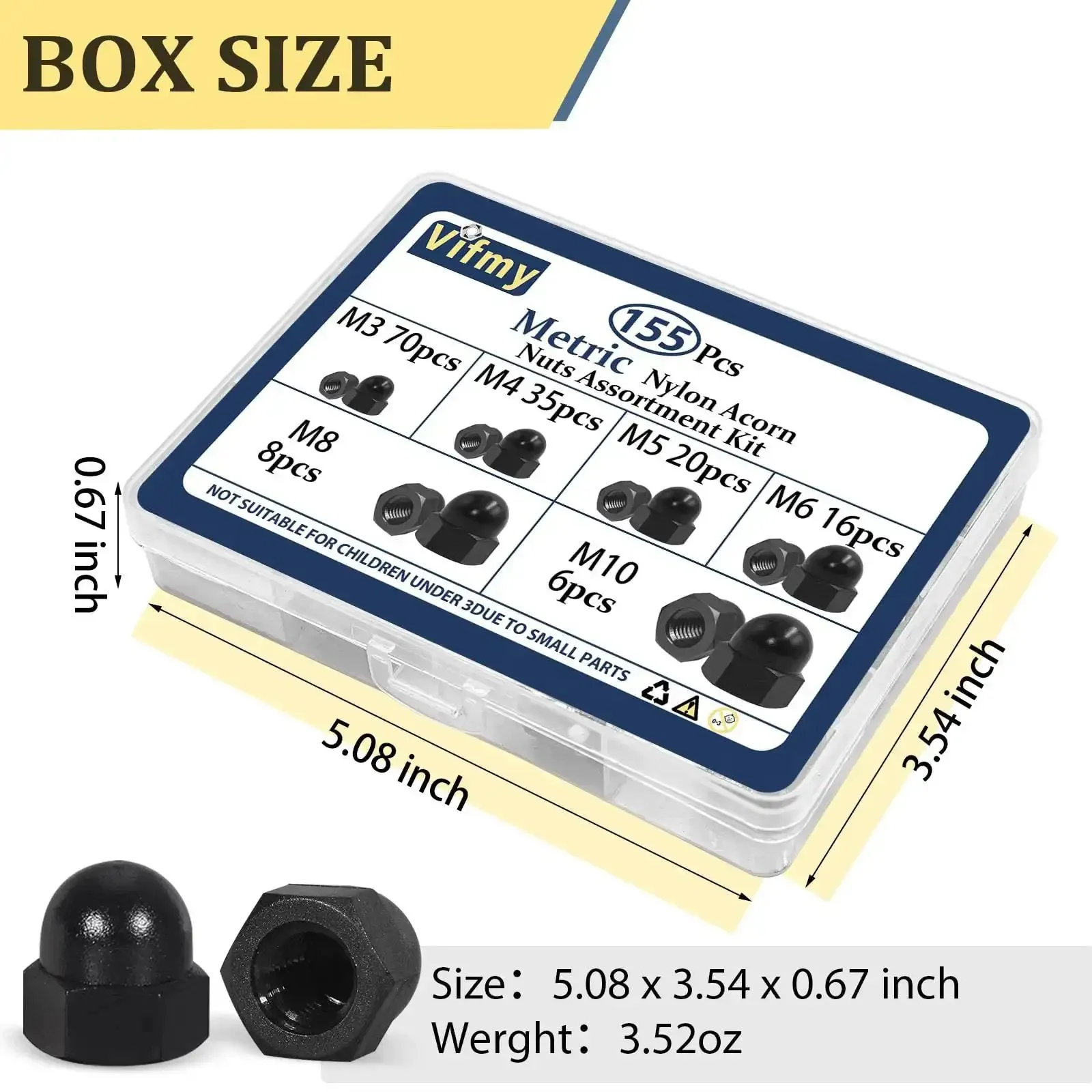 All In One Black Nylon Acorn Nut Kit With M3 To M10 Sizes, 155 Pieces, Dome Head Cap Nuts For Bolts, Indoor And Outdoor Use, Sturdy Nylon Nut Caps For Spacers, Fasteners, And DIY Projects - Image 3