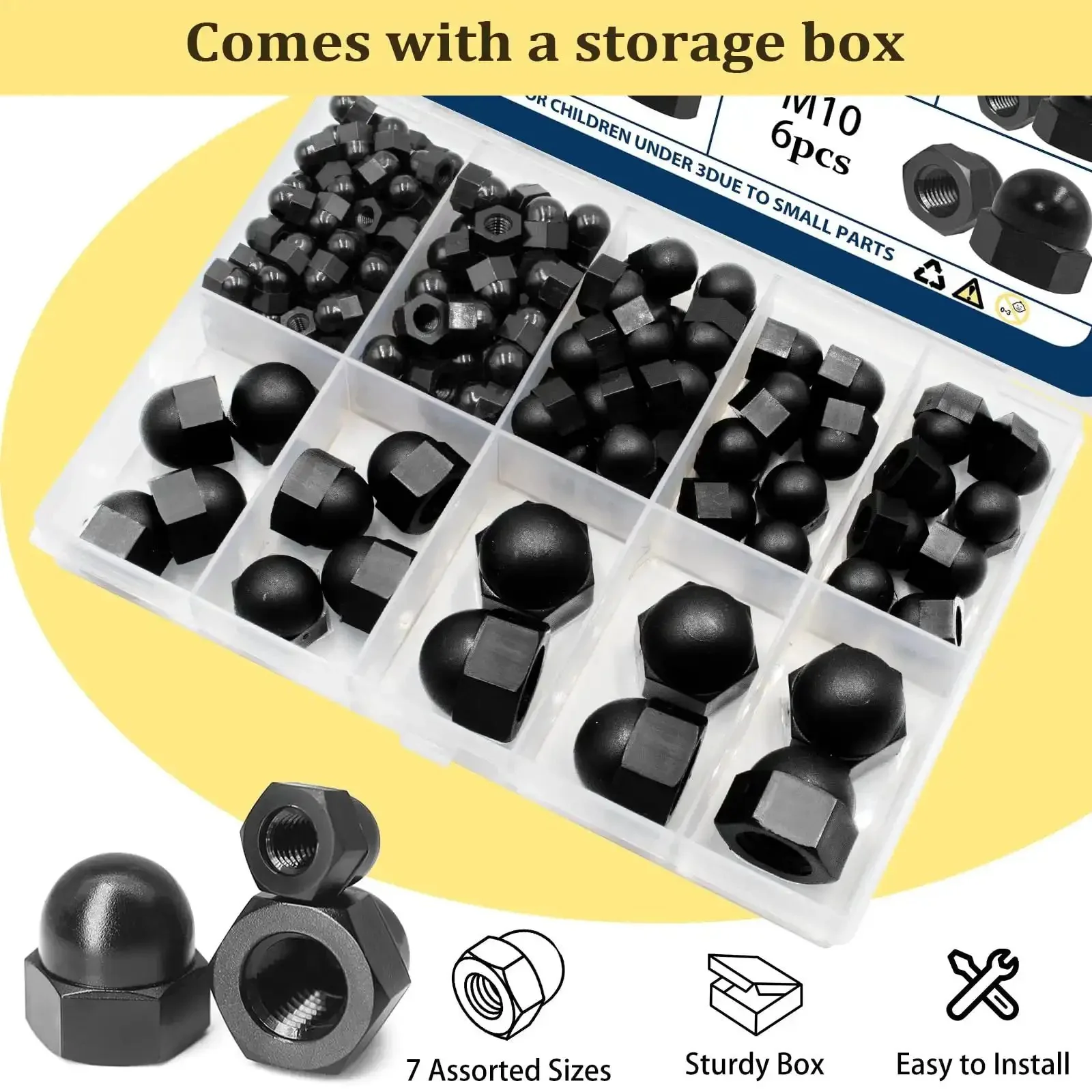 All In One Black Nylon Acorn Nut Kit With M3 To M10 Sizes, 155 Pieces, Dome Head Cap Nuts For Bolts, Indoor And Outdoor Use, Sturdy Nylon Nut Caps For Spacers, Fasteners, And DIY Projects - Image 4